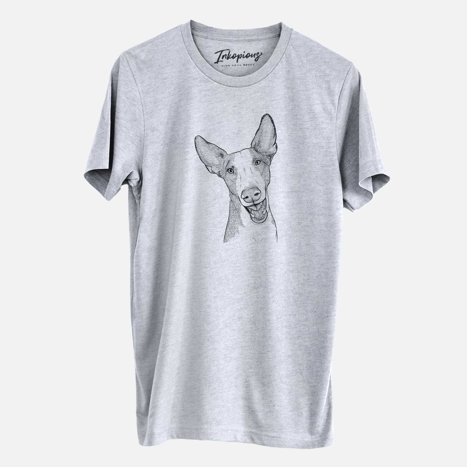 Hand-drawn sketch of Havok the Ibizan Hound on a Grey Unisex crewneck