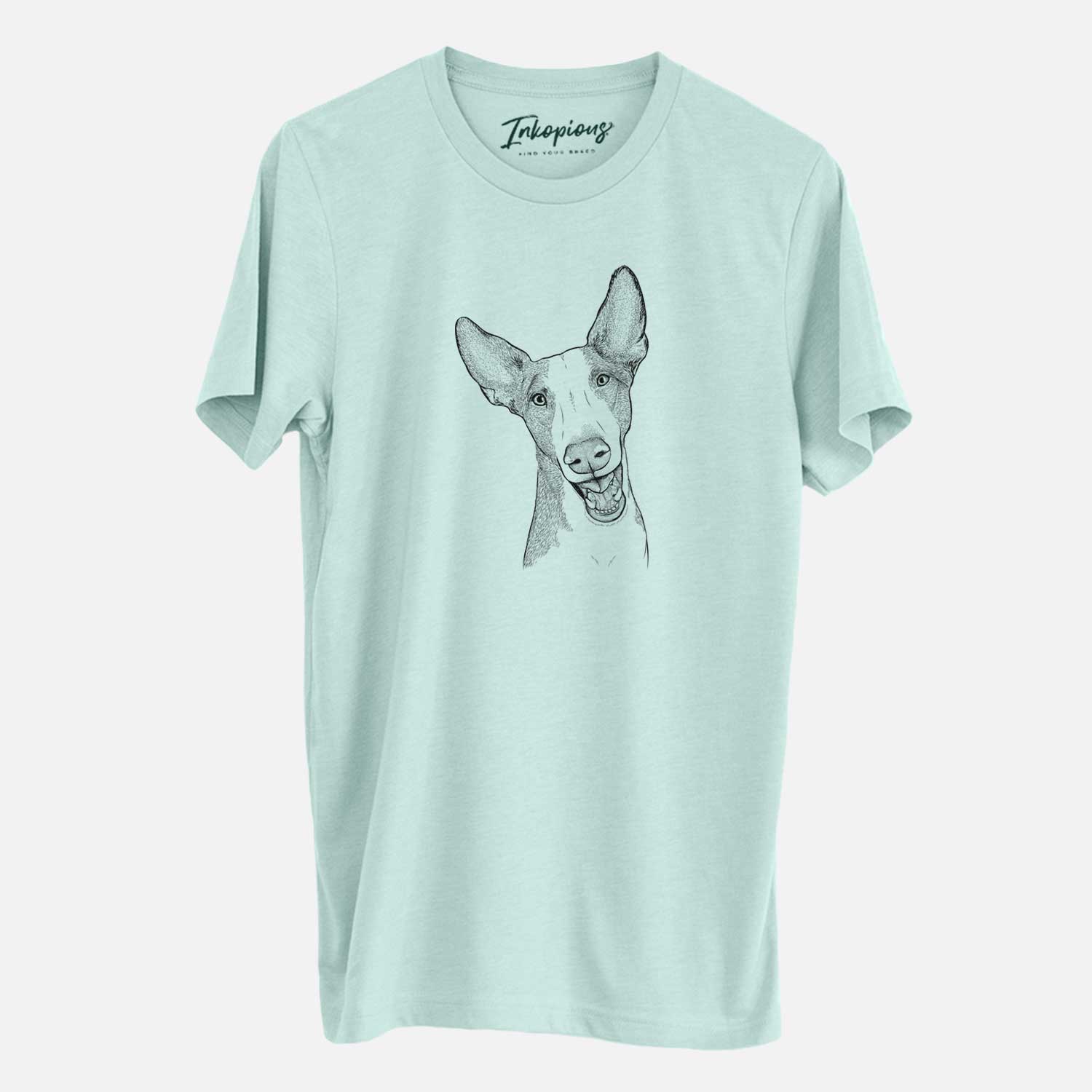 Hand-drawn sketch of Havok the Ibizan Hound on a Heather Sage Unisex crewneck