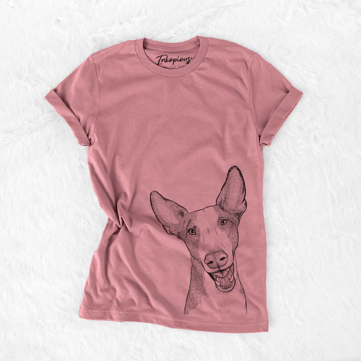 Hand-drawn sketch of Havok the Ibizan Hound on a Mauve Unisex crewneck