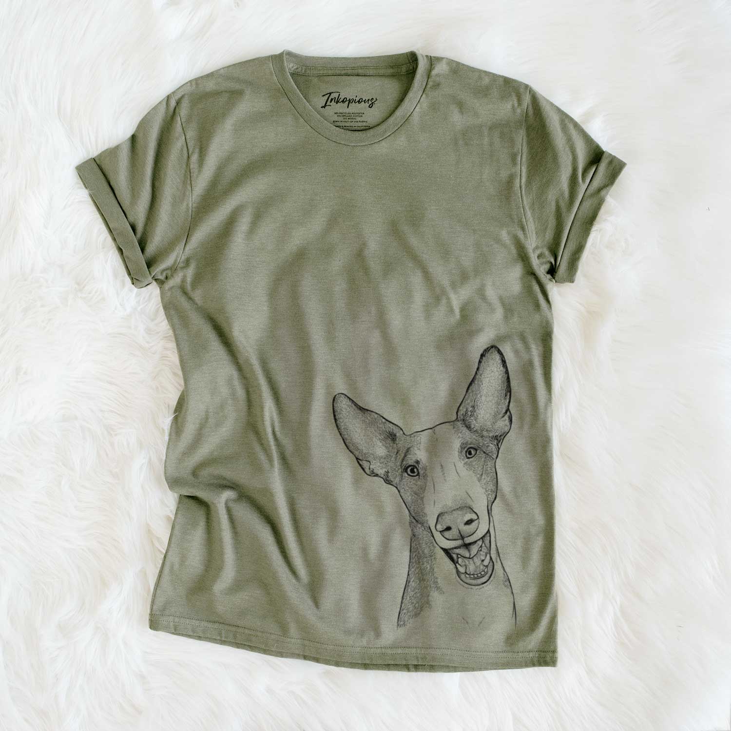 Hand-drawn sketch of Havok the Ibizan Hound on an Olive Unisex crewneck
