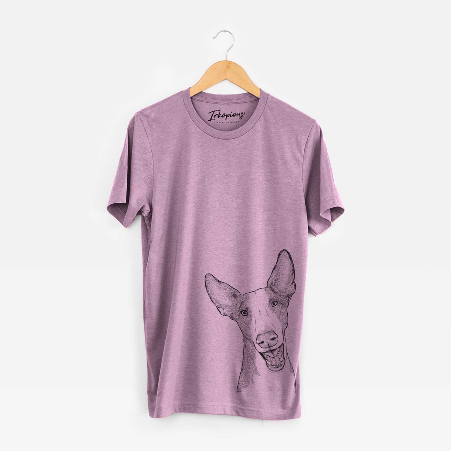 Hand-drawn sketch of Havok the Ibizan Hound on an Orchid Unisex crewneck