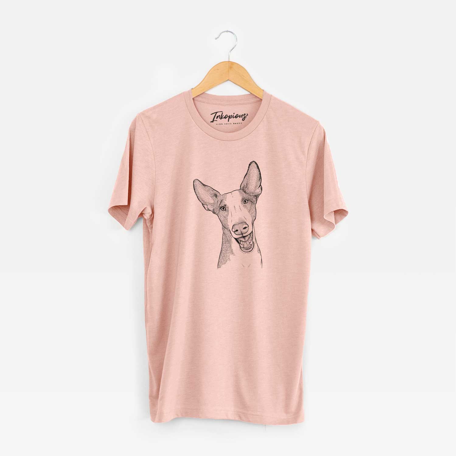 Hand-drawn sketch of Havok the Ibizan Hound on a Peach Unisex crewneck
