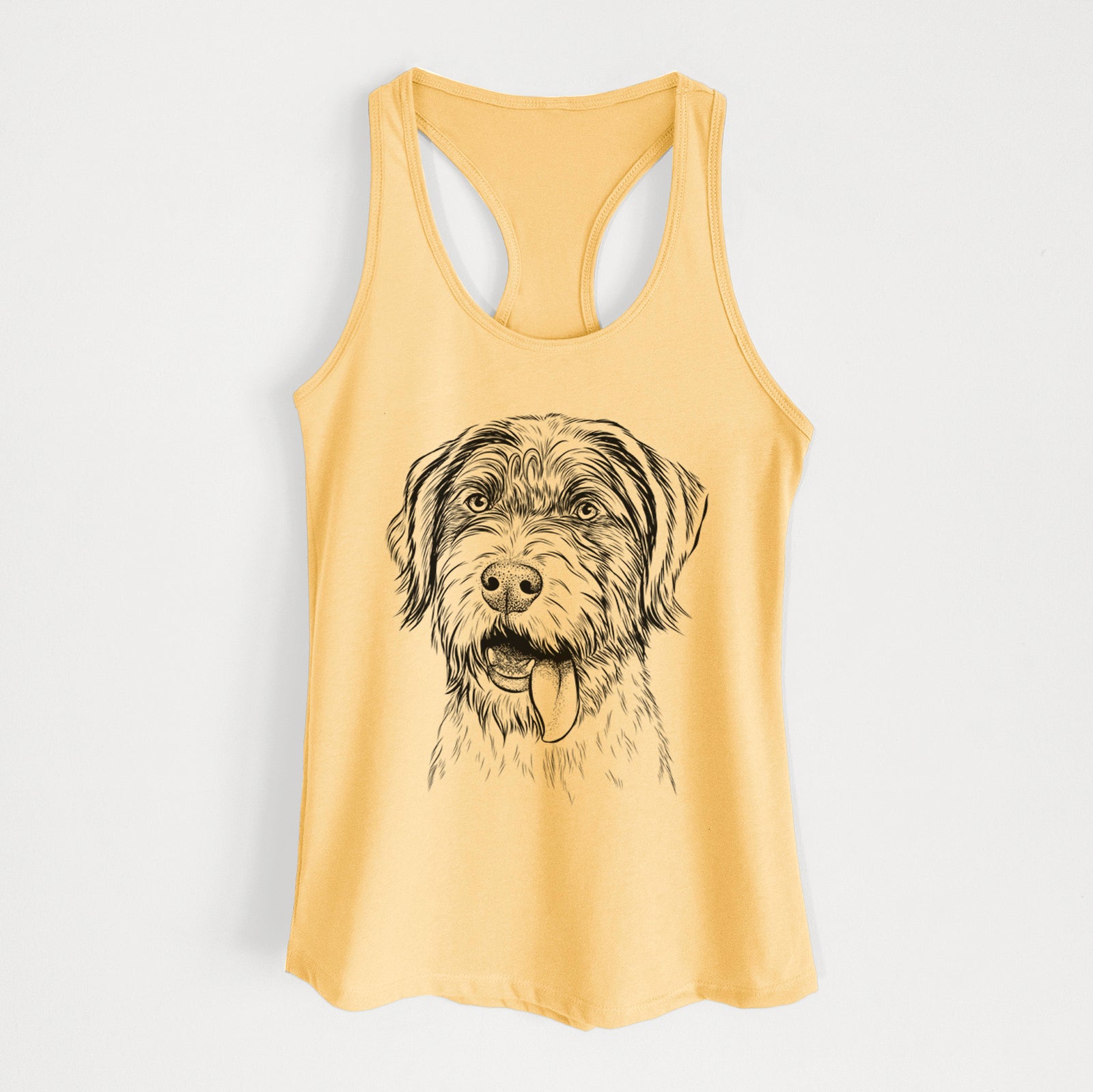 Hand-drawn sketch of Hazel the German Wirehaired Pointer Mix on a Banana Cream Women's racerback tanktop