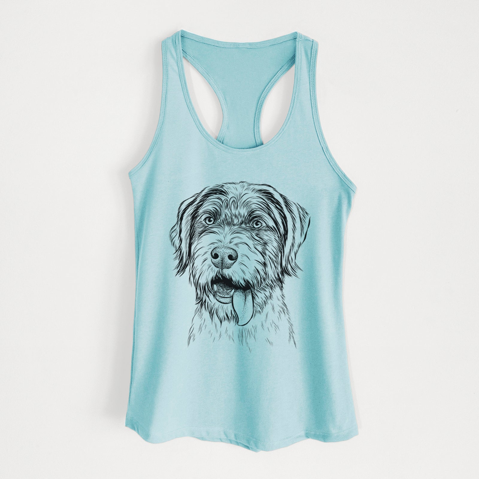 Hand-drawn sketch of Hazel the German Wirehaired Pointer Mix on a Cancun Blue Women's racerback tanktop