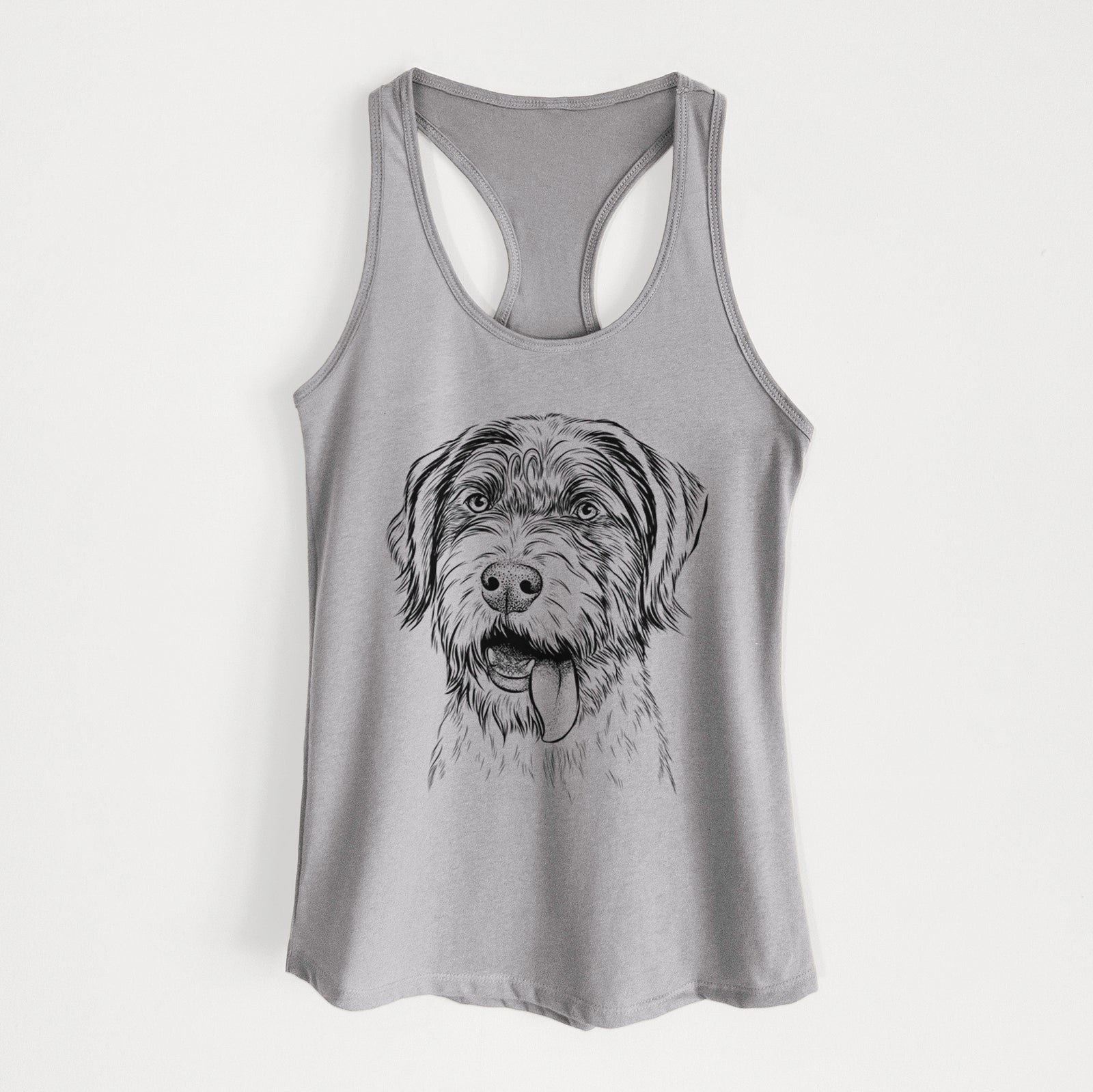 Hand-drawn sketch of Hazel the German Wirehaired Pointer Mix on a Heather Grey Women's racerback tanktop