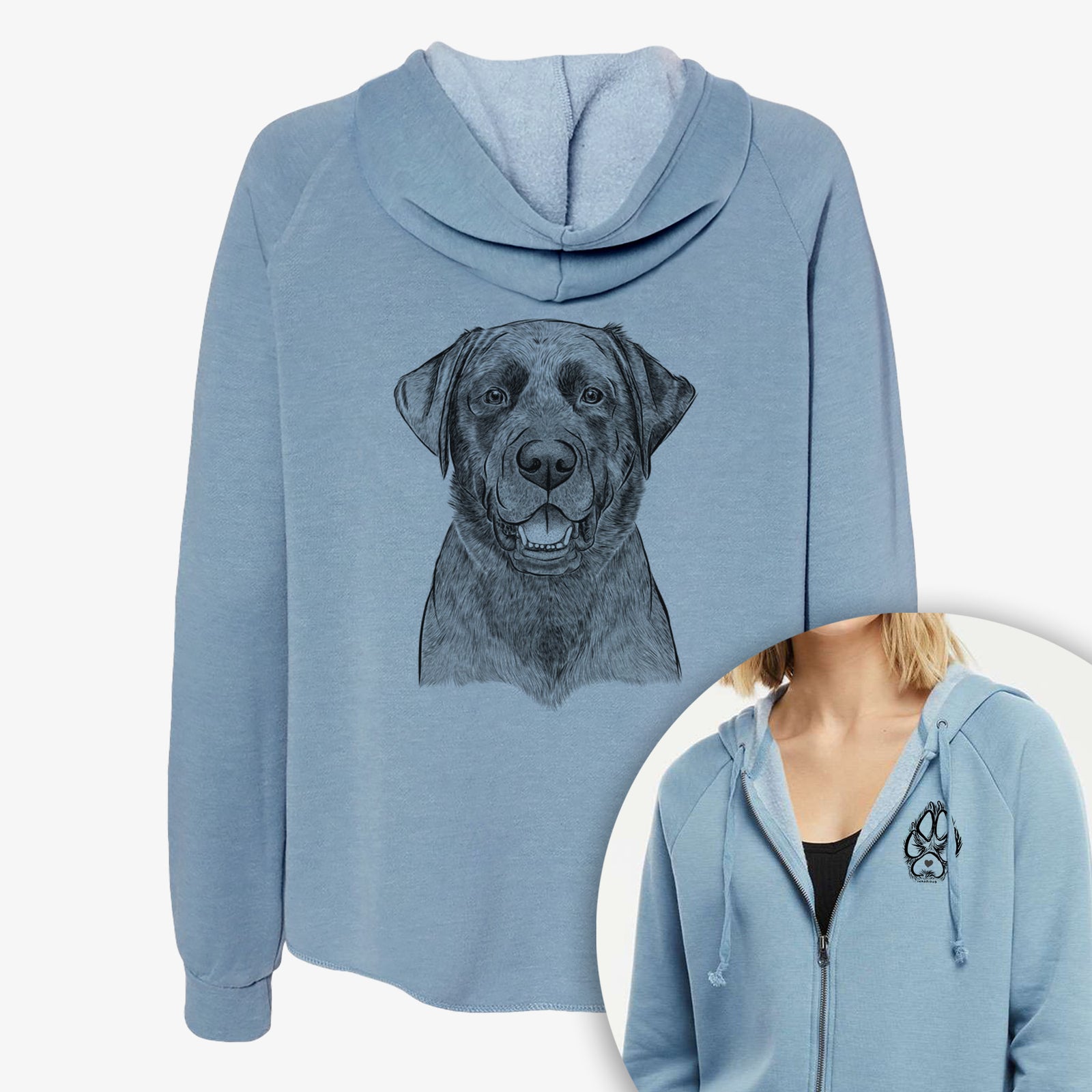 Hand-drawn sketch of Heath the Black Lab on a Women's cali wave zip-up sweatshirt, shown with icons of the other available costume styles