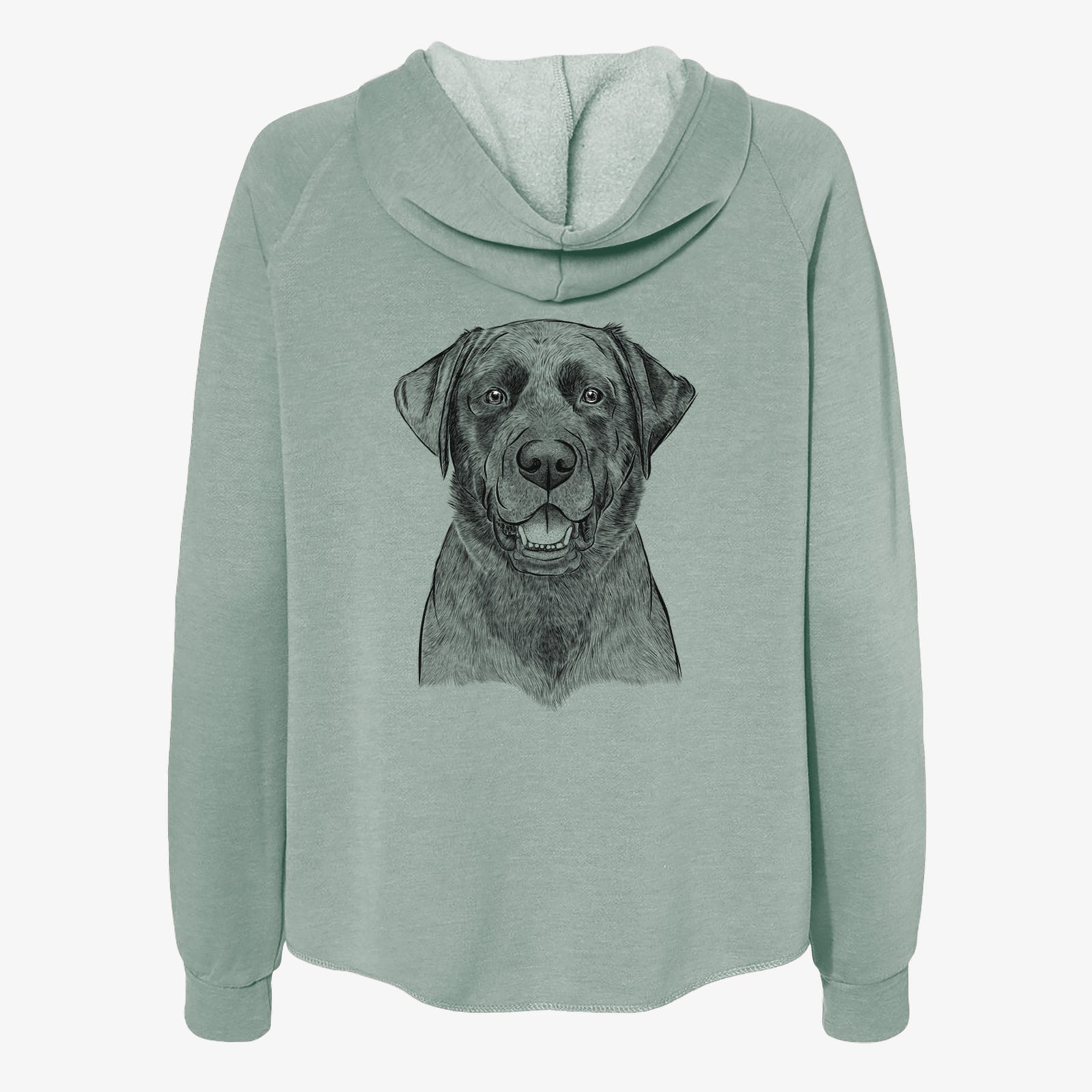 Hand-drawn sketch of Heath the Black Lab on a Sage Women's cali wave zip-up sweatshirt