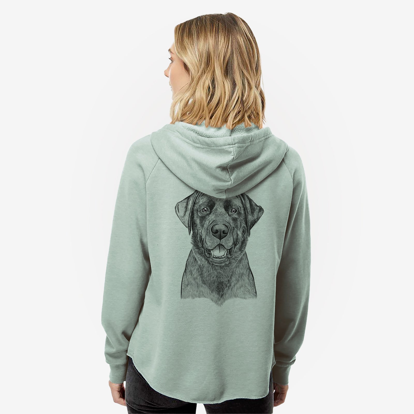 Hand-drawn sketch of Heath the Black Lab on a Sage Women's cali wave zip-up sweatshirt