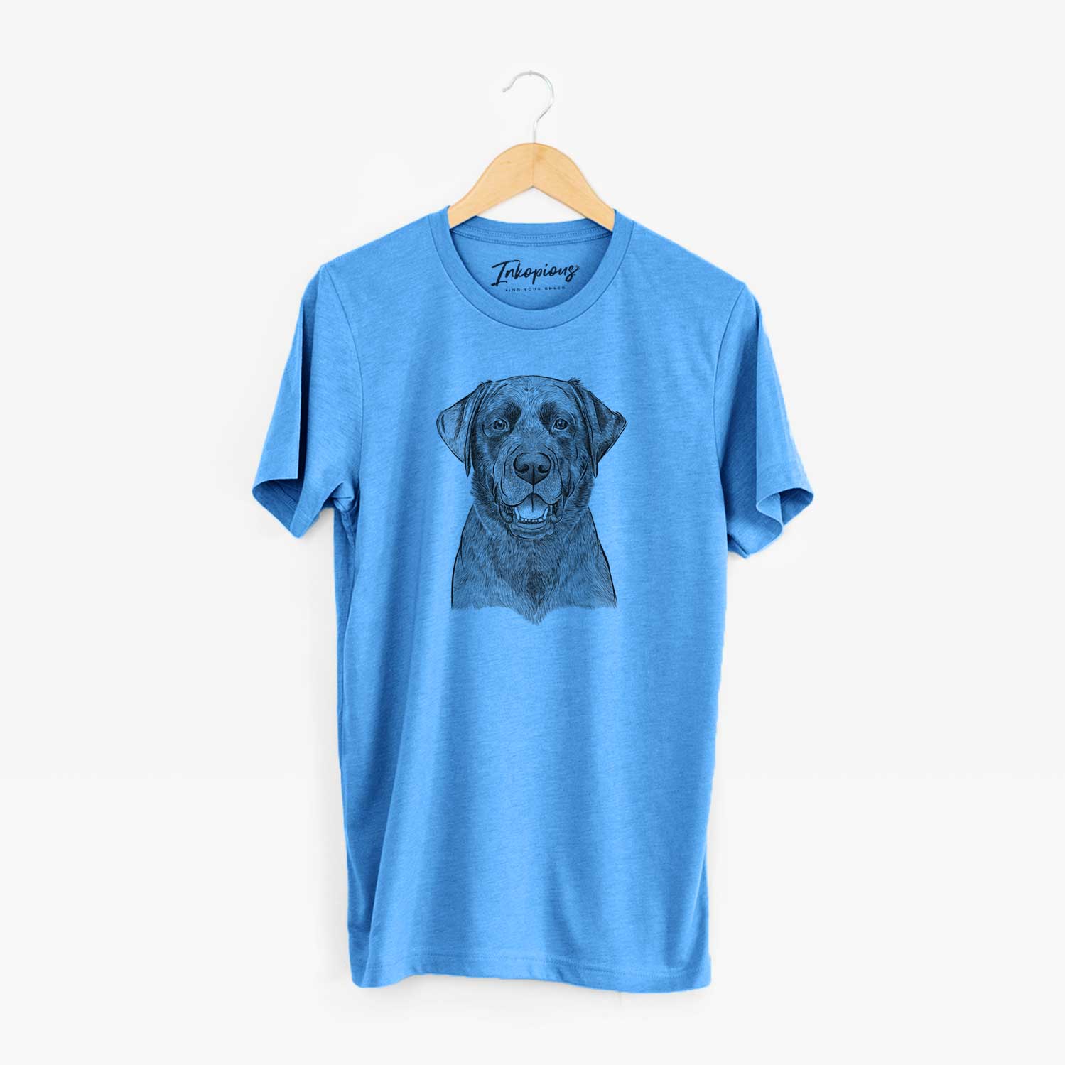 Hand-drawn sketch of Heath the Black Lab on a Blue Unisex crewneck