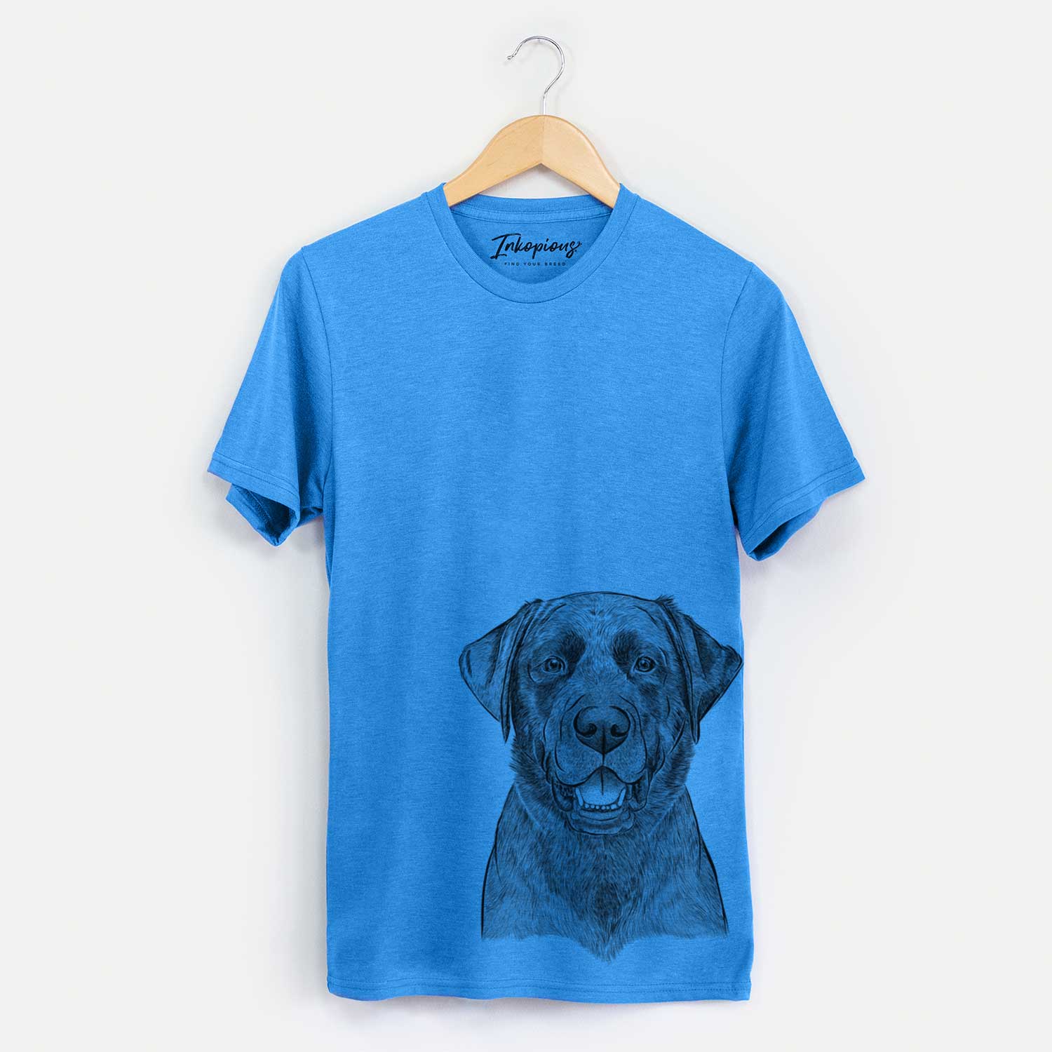 Hand-drawn sketch of Heath the Black Lab on a Blue Unisex crewneck