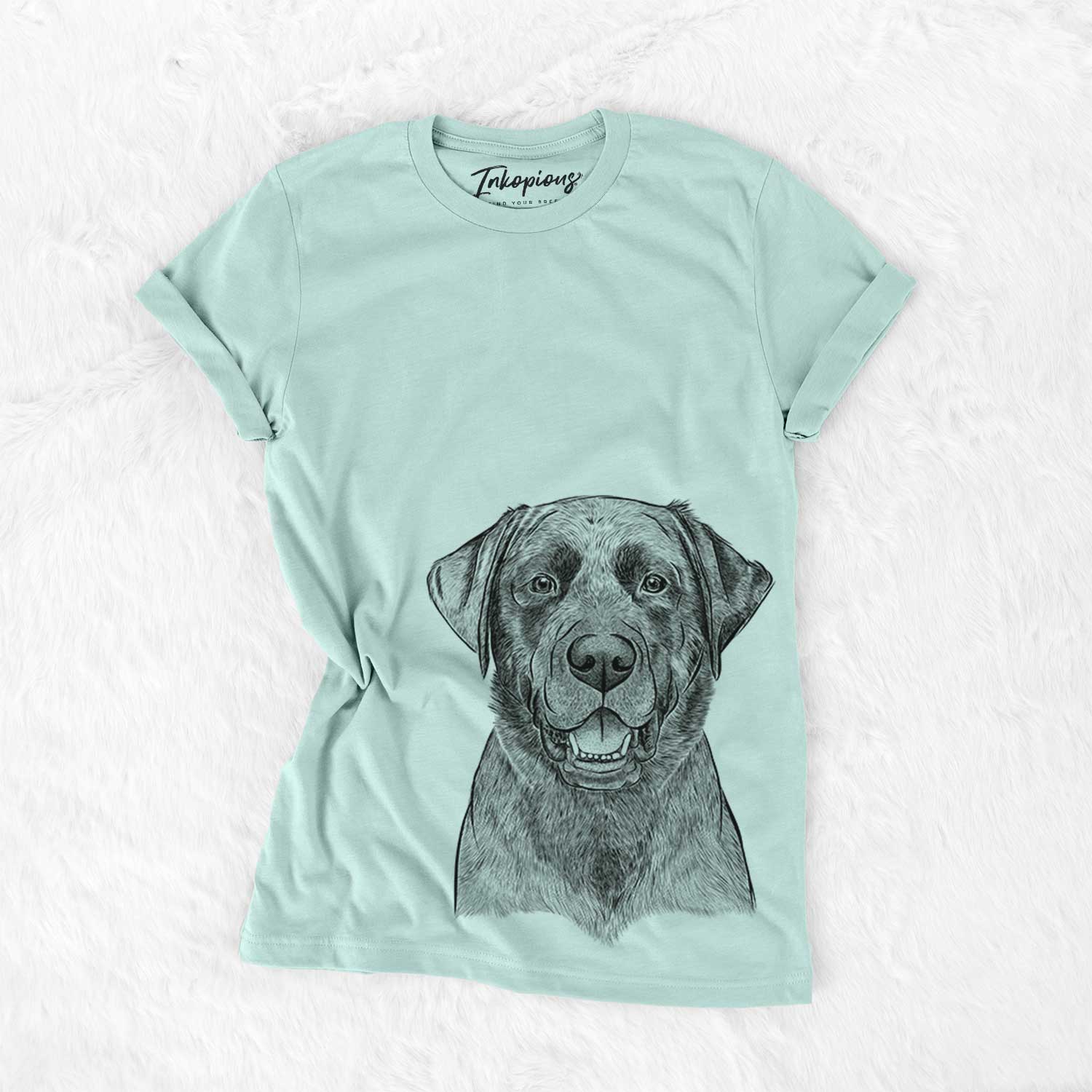 Hand-drawn sketch of Heath the Black Lab on a Heather Sage Bella Canvas Unisex Crewneck