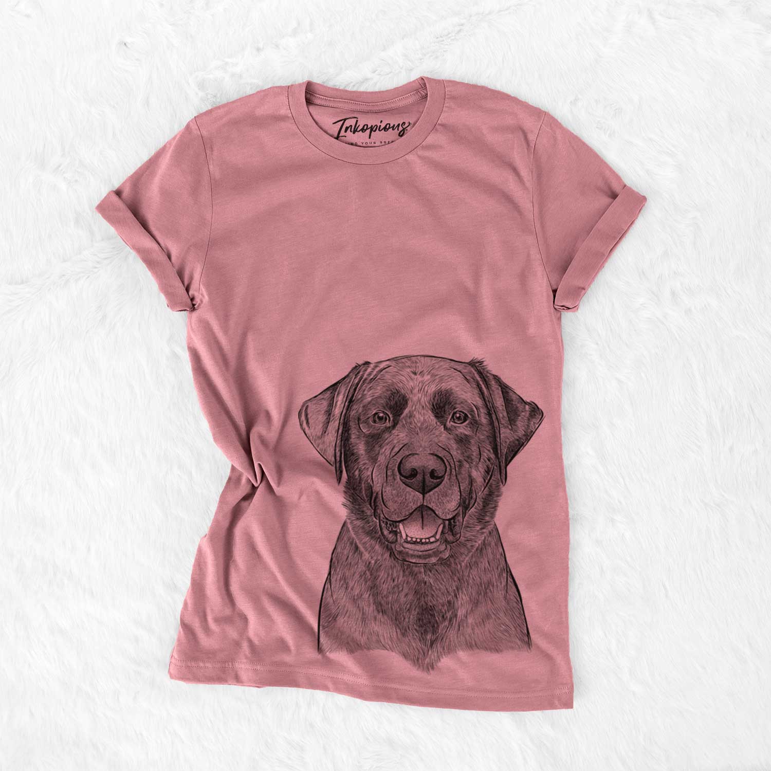 Hand-drawn sketch of Heath the Black Lab on a Mauve Unisex crewneck