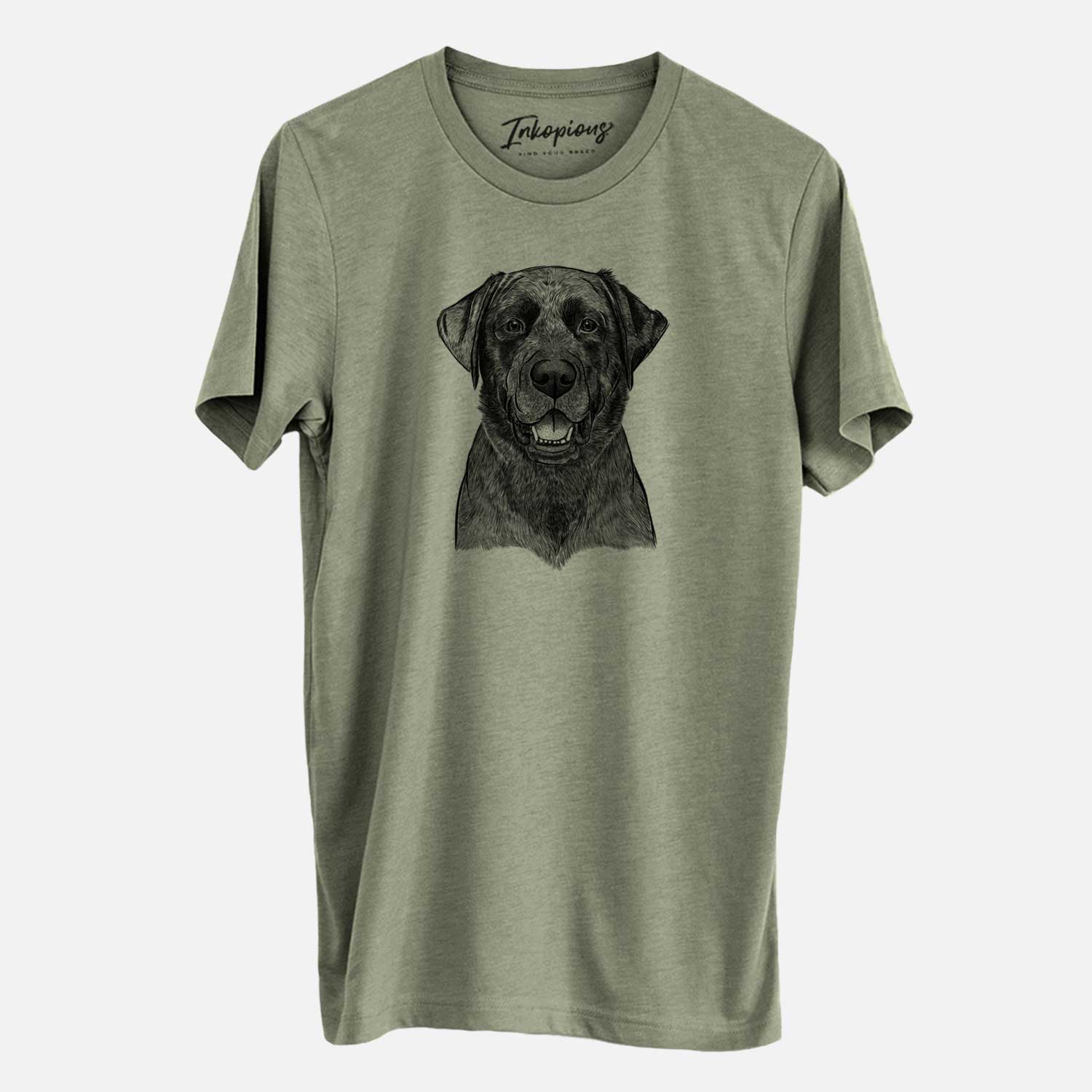 Hand-drawn sketch of Heath the Black Lab on an Olive Unisex crewneck