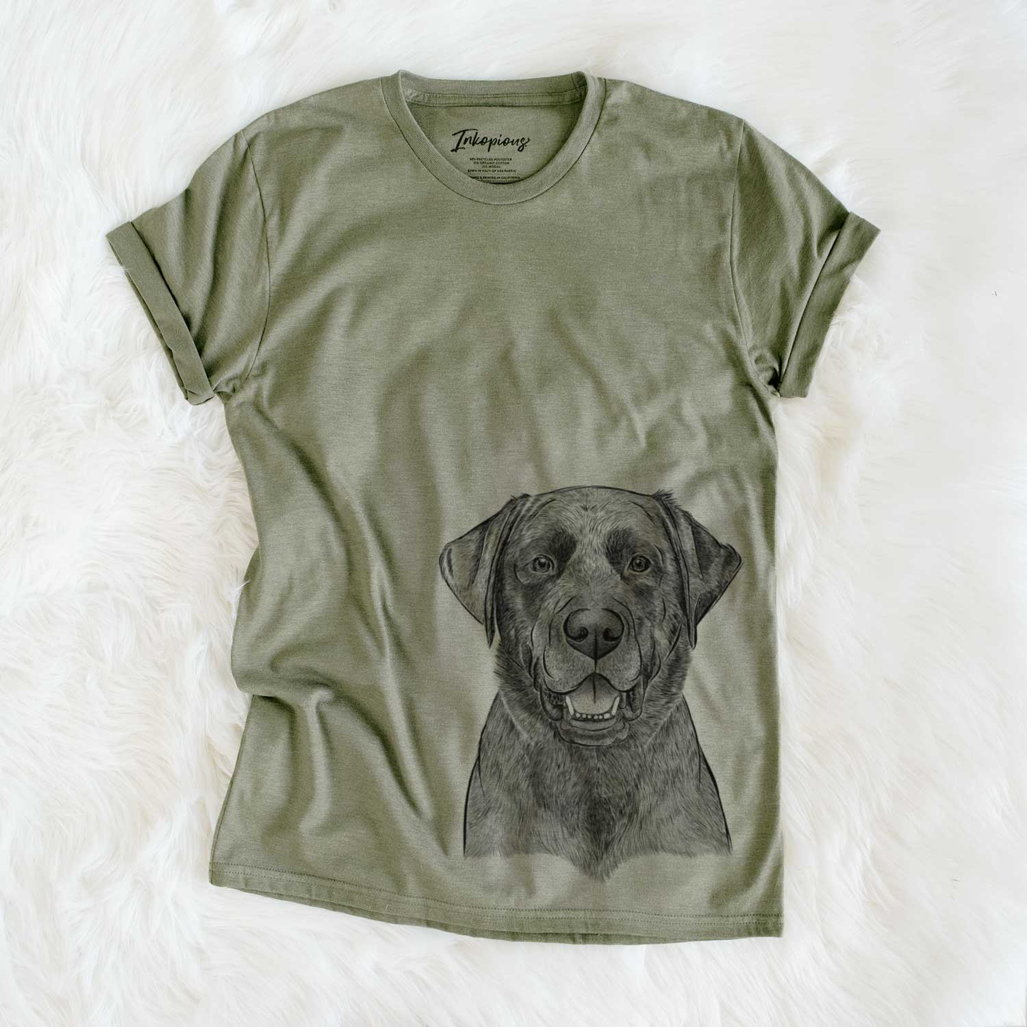 Hand-drawn sketch of Heath the Black Lab on an Olive Unisex crewneck