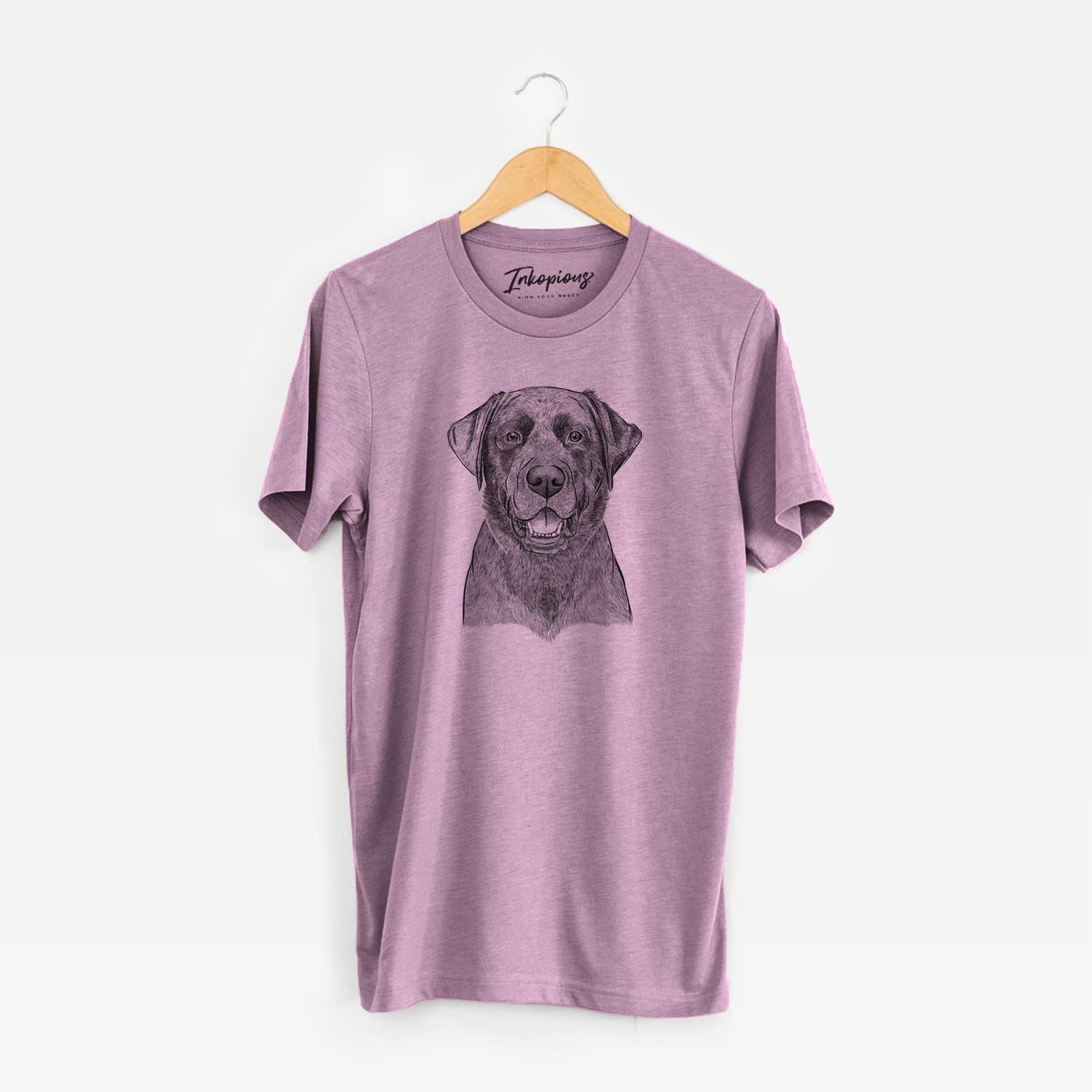 Hand-drawn sketch of Heath the Black Lab on an Orchid Unisex crewneck