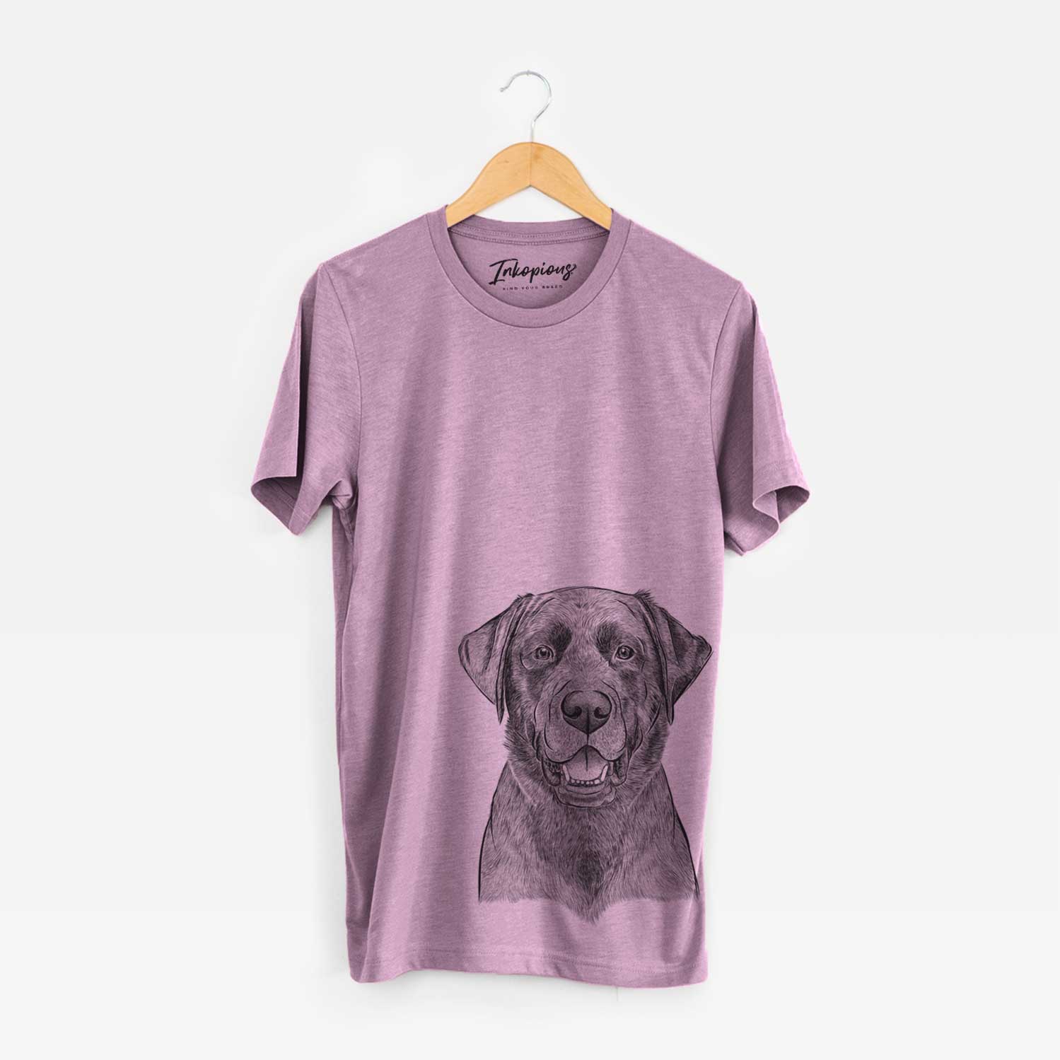 Hand-drawn sketch of Heath the Black Lab on an Orchid Unisex crewneck