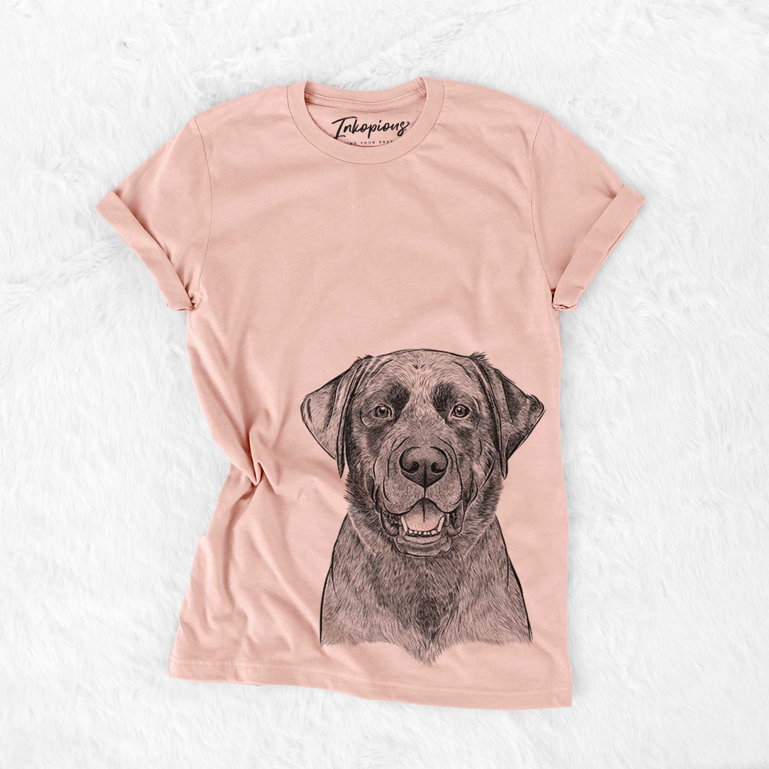 Hand-drawn sketch of Heath the Black Lab on a Peach Bella Canvas Unisex Crewneck