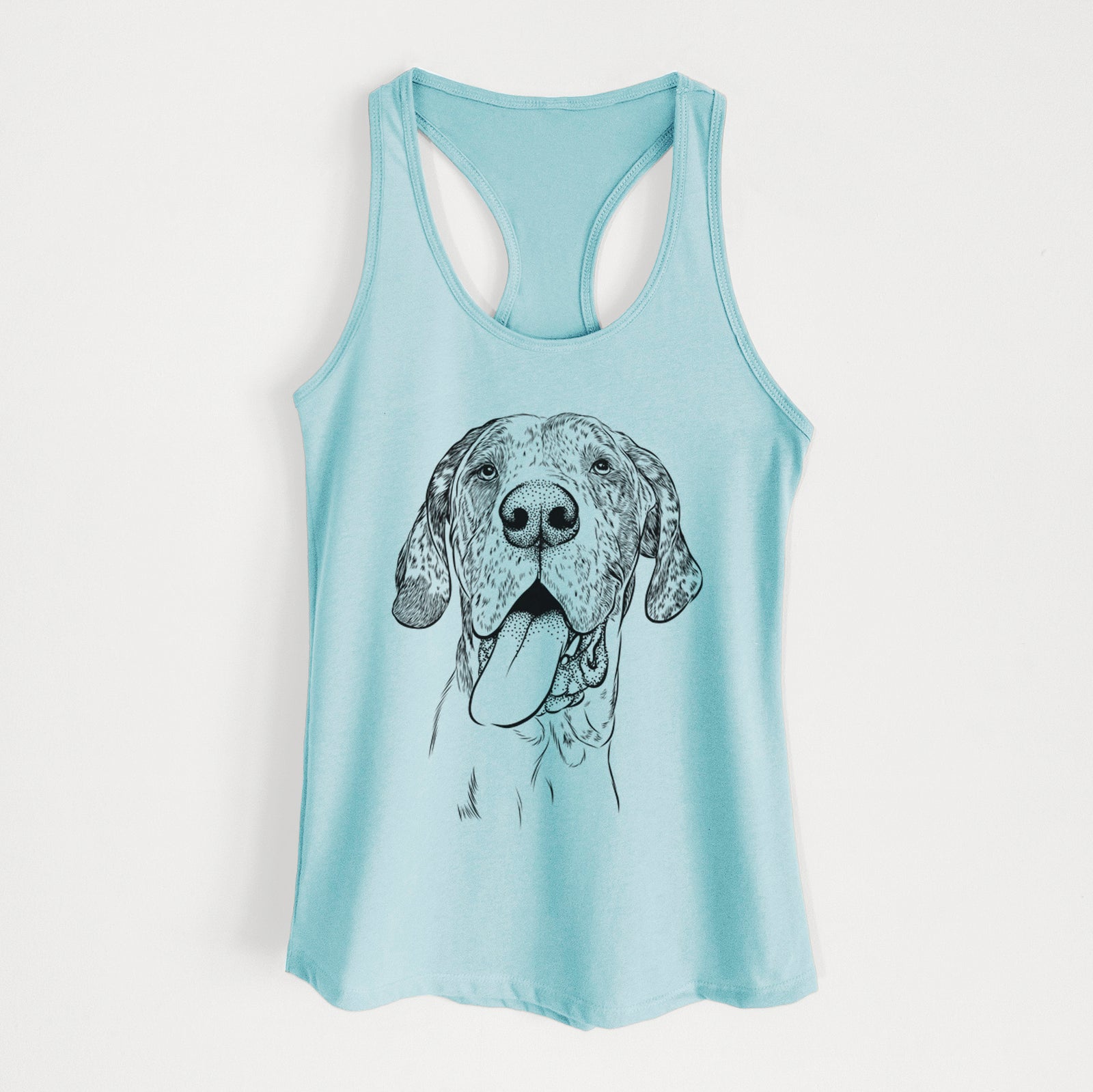 Hand-drawn sketch of Hennessey the Great Dane on a Cancun Blue Women's racerback tanktop