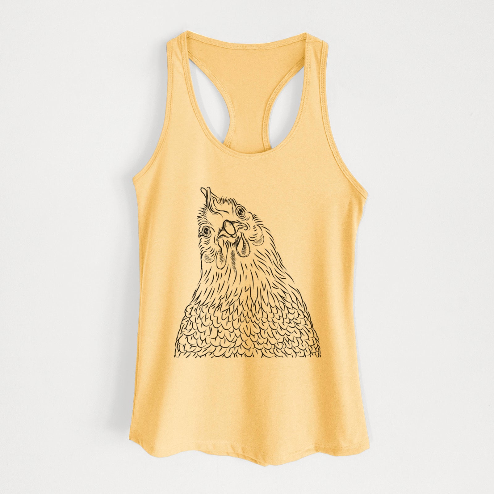 Hand-drawn sketch of Henrietta the Chicken on a Banana Cream Women's racerback tanktop