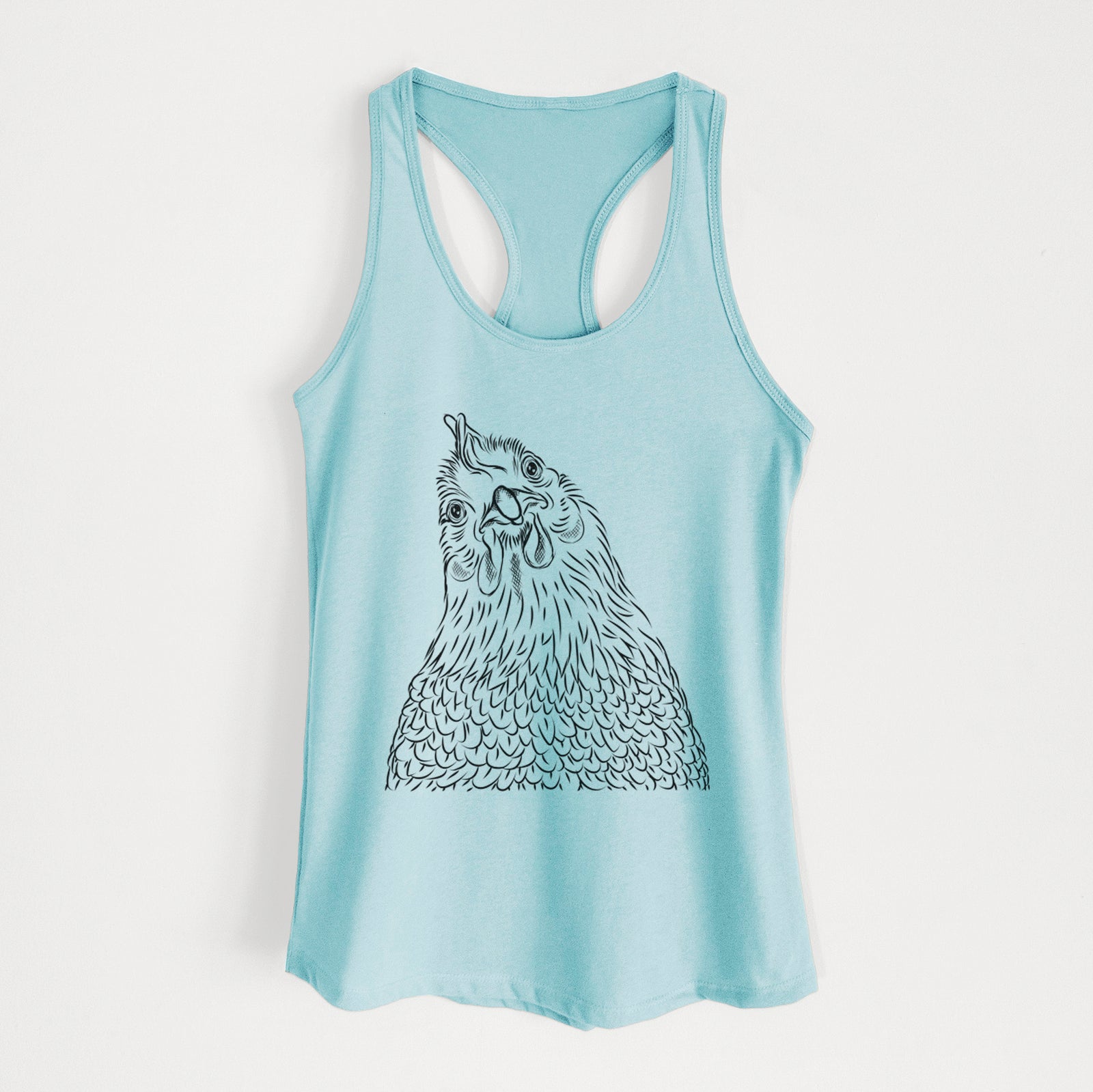 Hand-drawn sketch of Henrietta the Chicken on a Cancun Blue Women's racerback tanktop