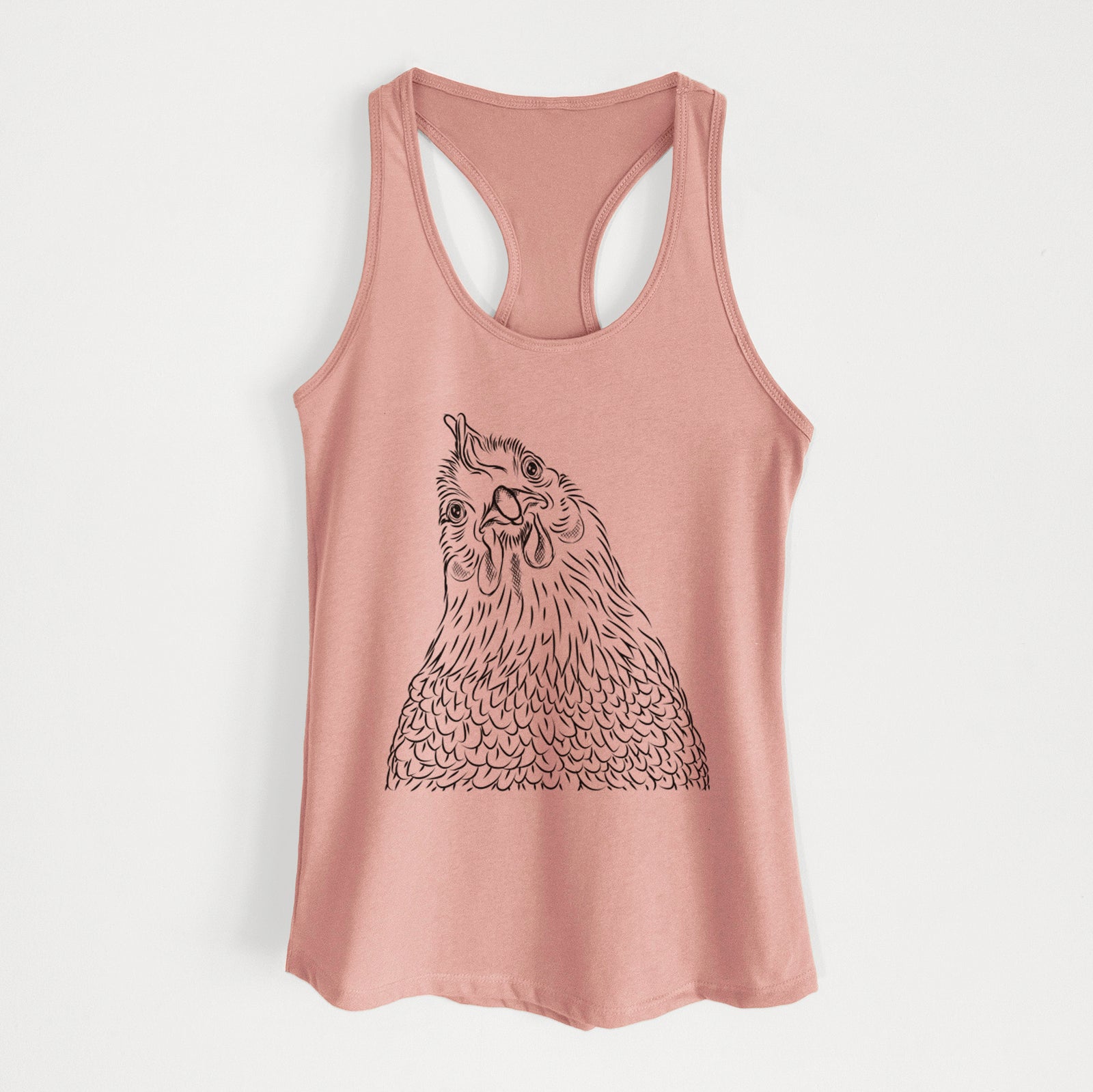 Hand-drawn sketch of Henrietta the Chicken on a Desert Pink Women's racerback tanktop