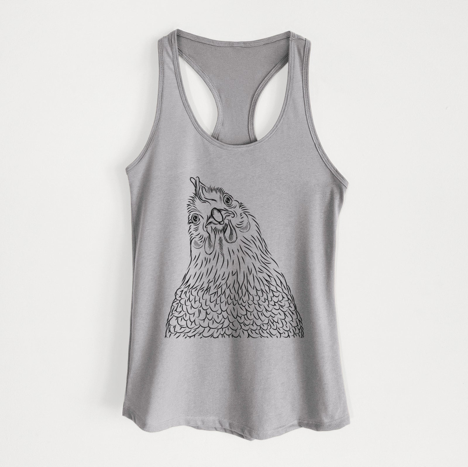 Hand-drawn sketch of Henrietta the Chicken on a Heather Grey Women's racerback tanktop