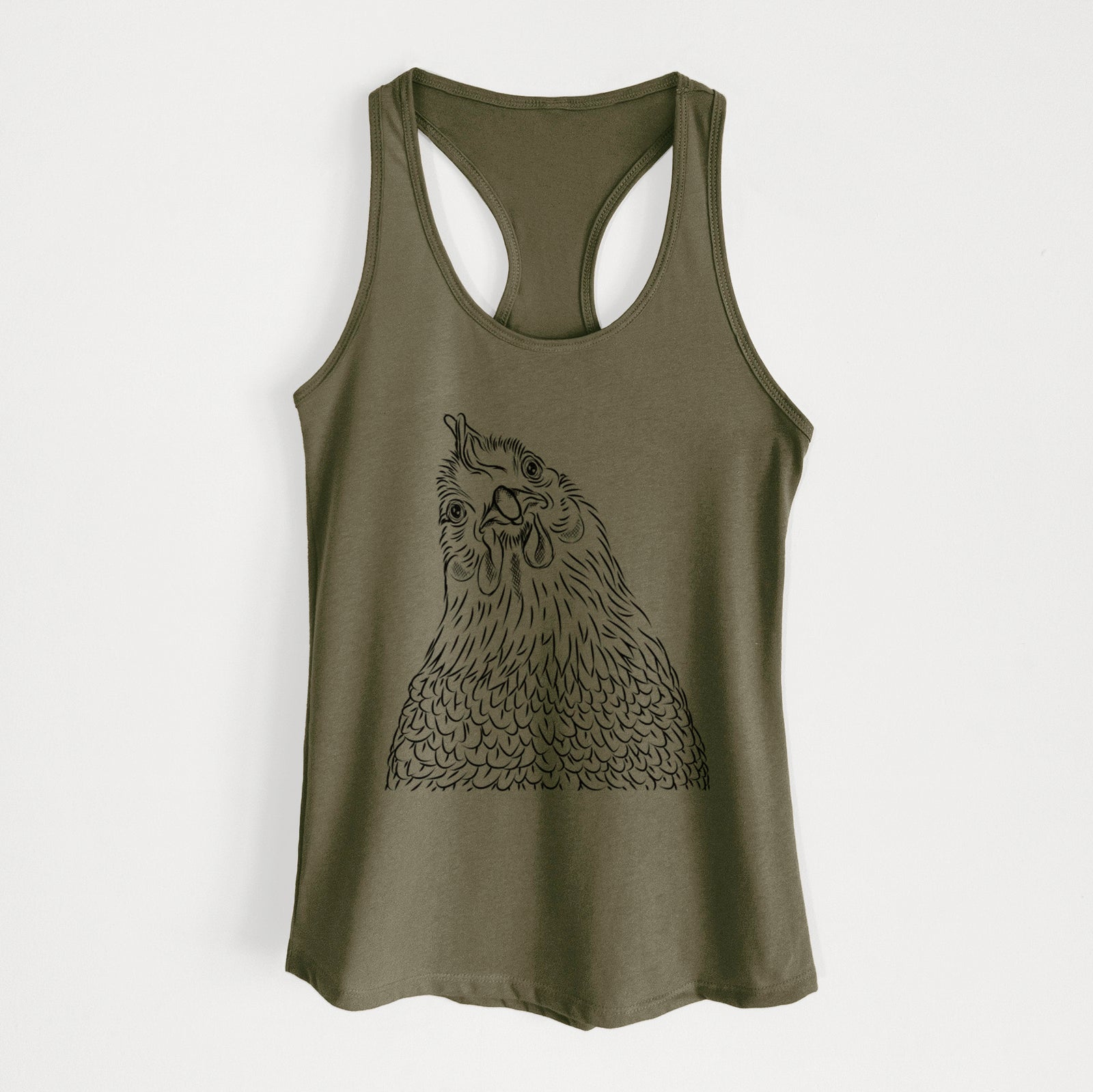 Hand-drawn sketch of Henrietta the Chicken on a Military Green Women's racerback tanktop