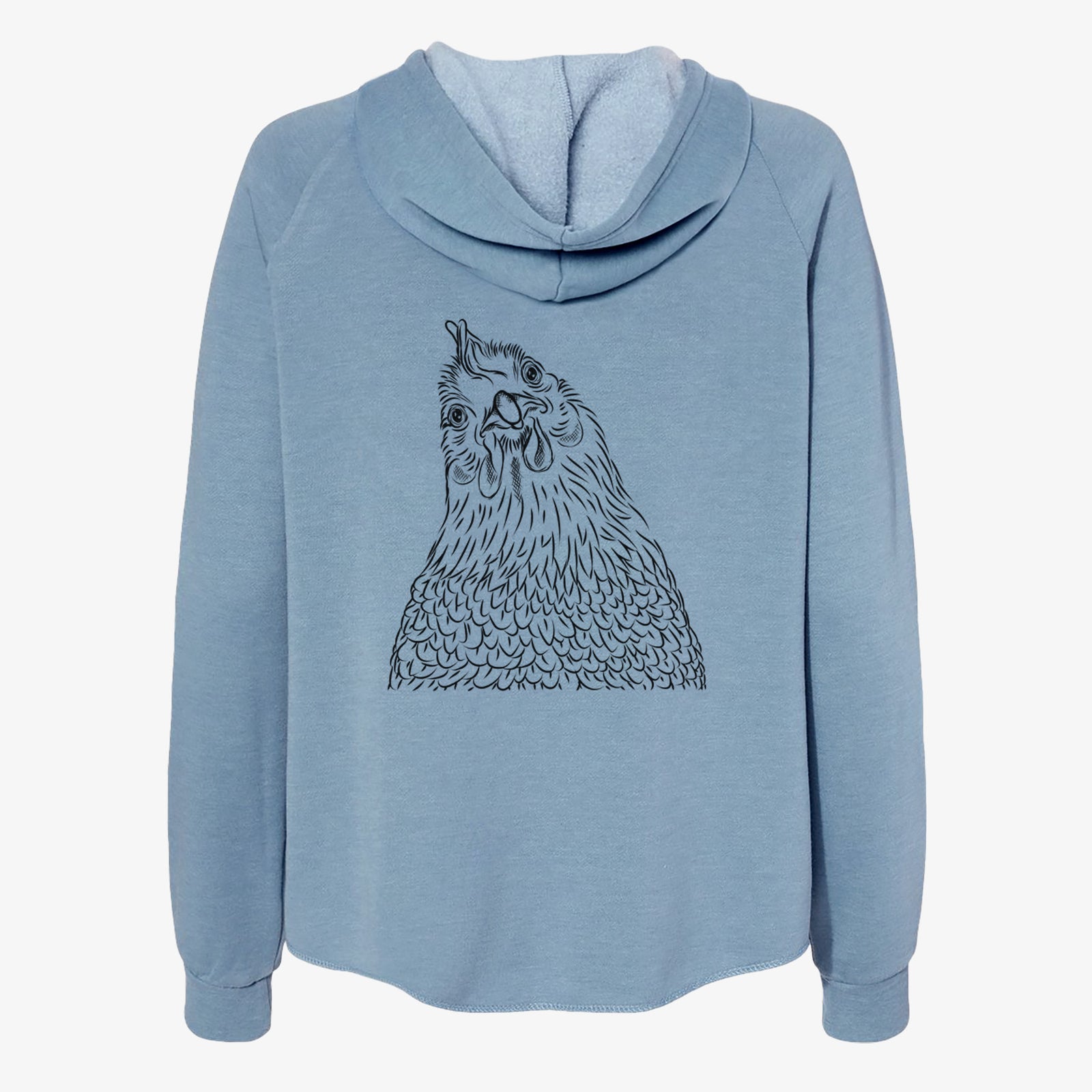 Hand-drawn sketch of Henrietta the Chicken on a Misty Blue Women's cali wave zip-up sweatshirt