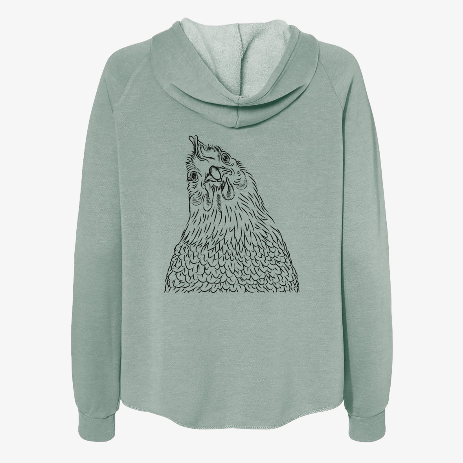 Hand-drawn sketch of Henrietta the Chicken on a Sage Women's cali wave zip-up sweatshirt