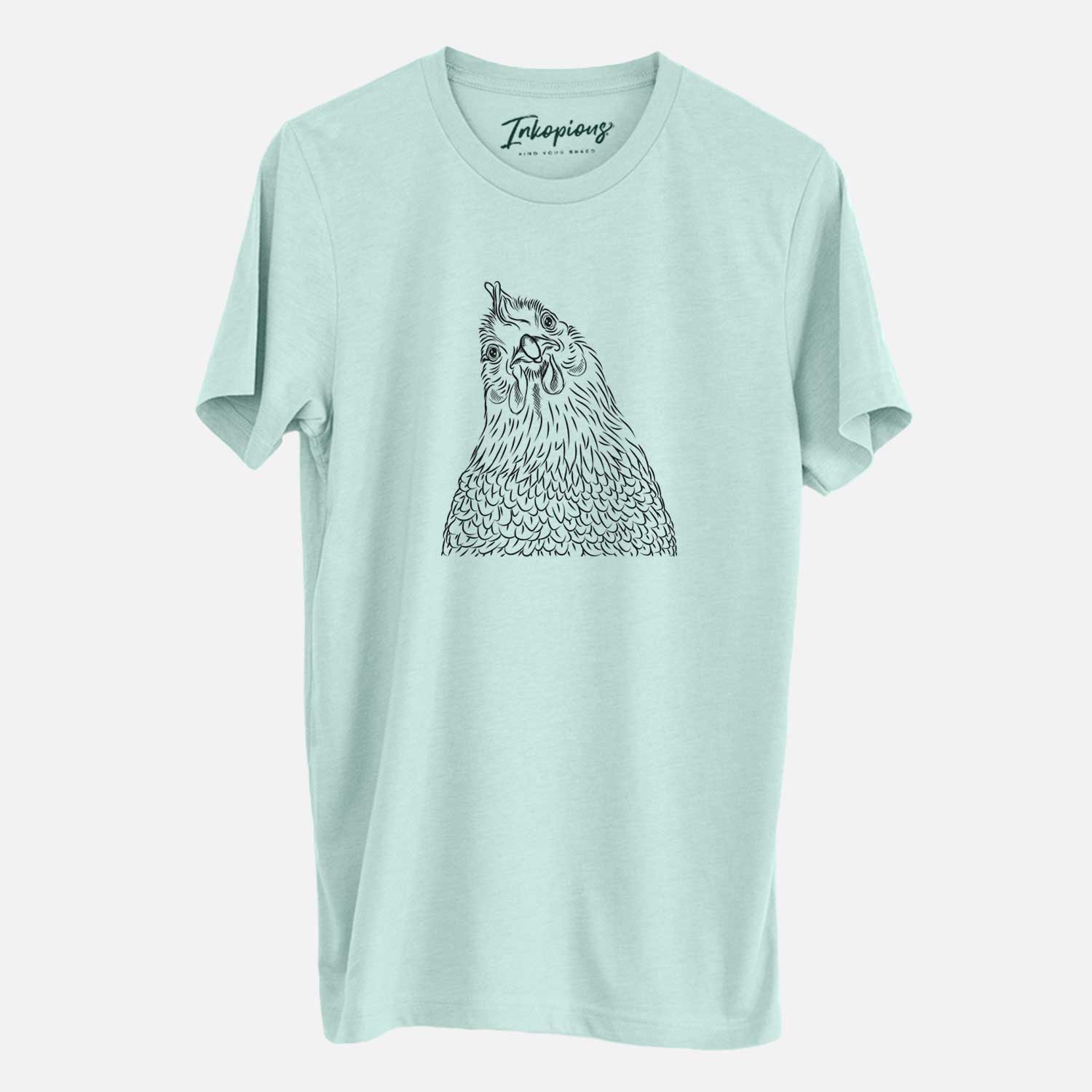 Hand-drawn sketch of Henrietta the Chicken on a Heather Sage Unisex crewneck