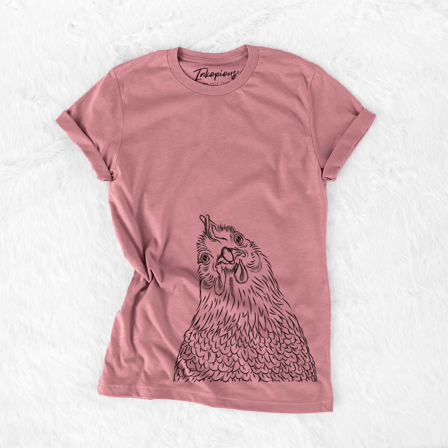 Hand-drawn sketch of Henrietta the Chicken on a Mauve Unisex crewneck