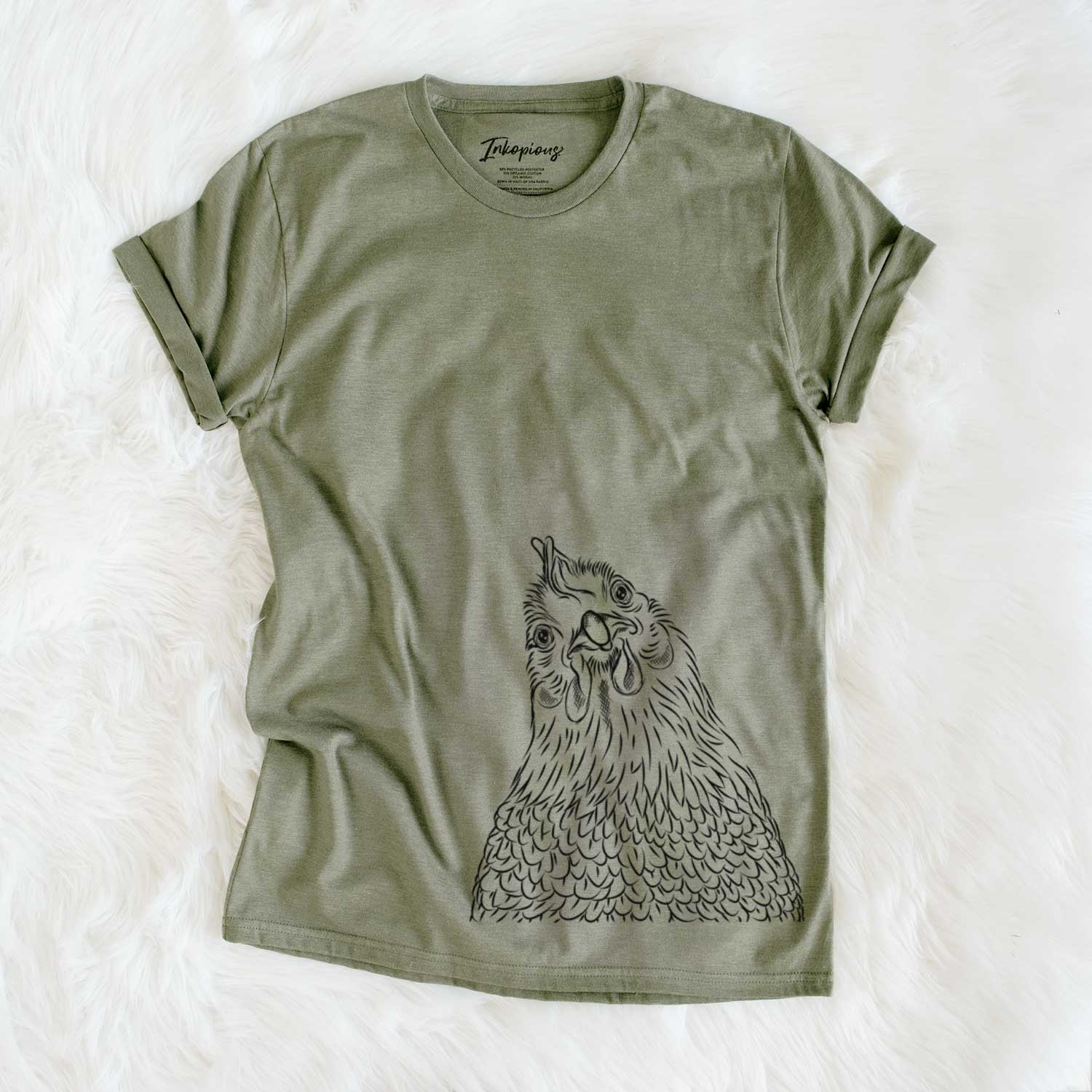 Hand-drawn sketch of Henrietta the Chicken on an Olive Unisex crewneck