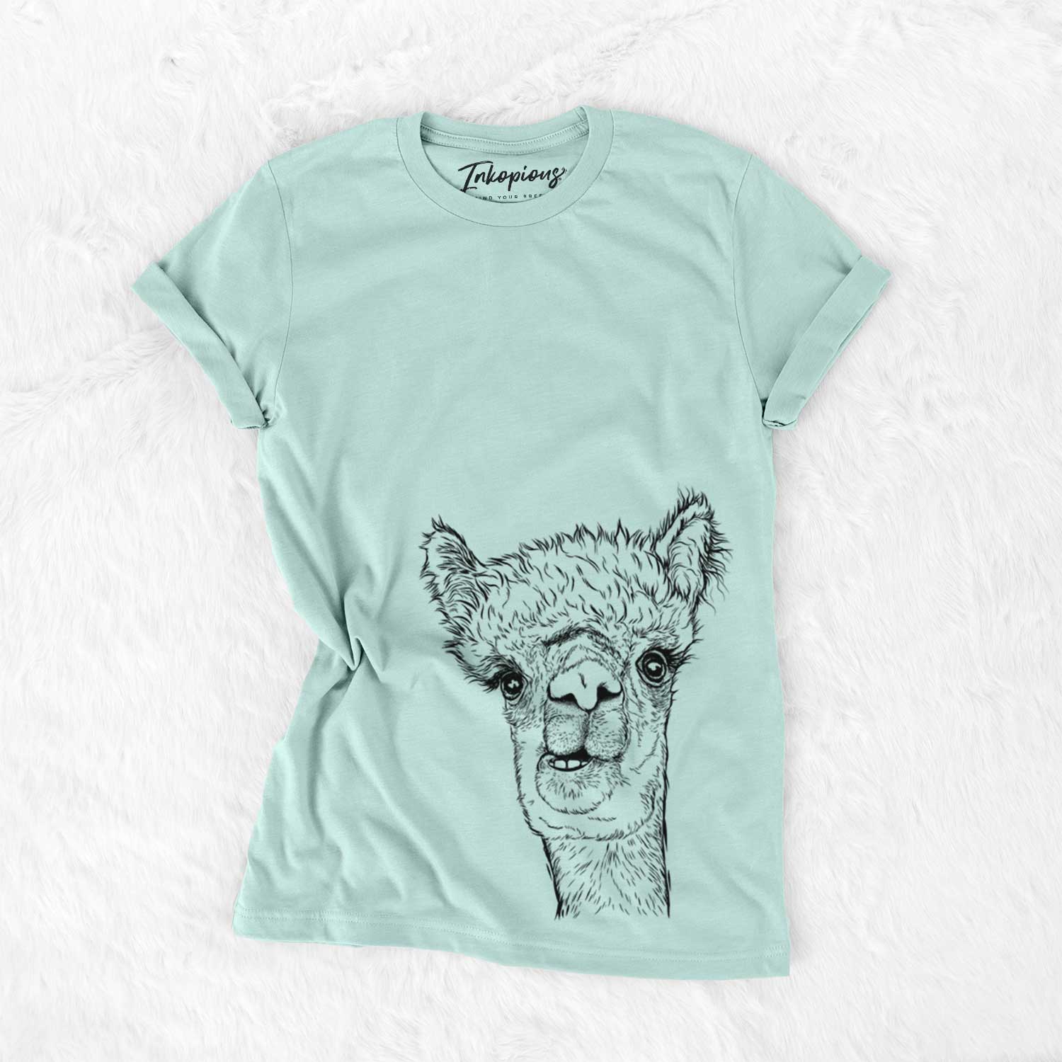 Hand-drawn sketch of Henry the Alpaca on a Heather Sage Bella Canvas Unisex Crewneck