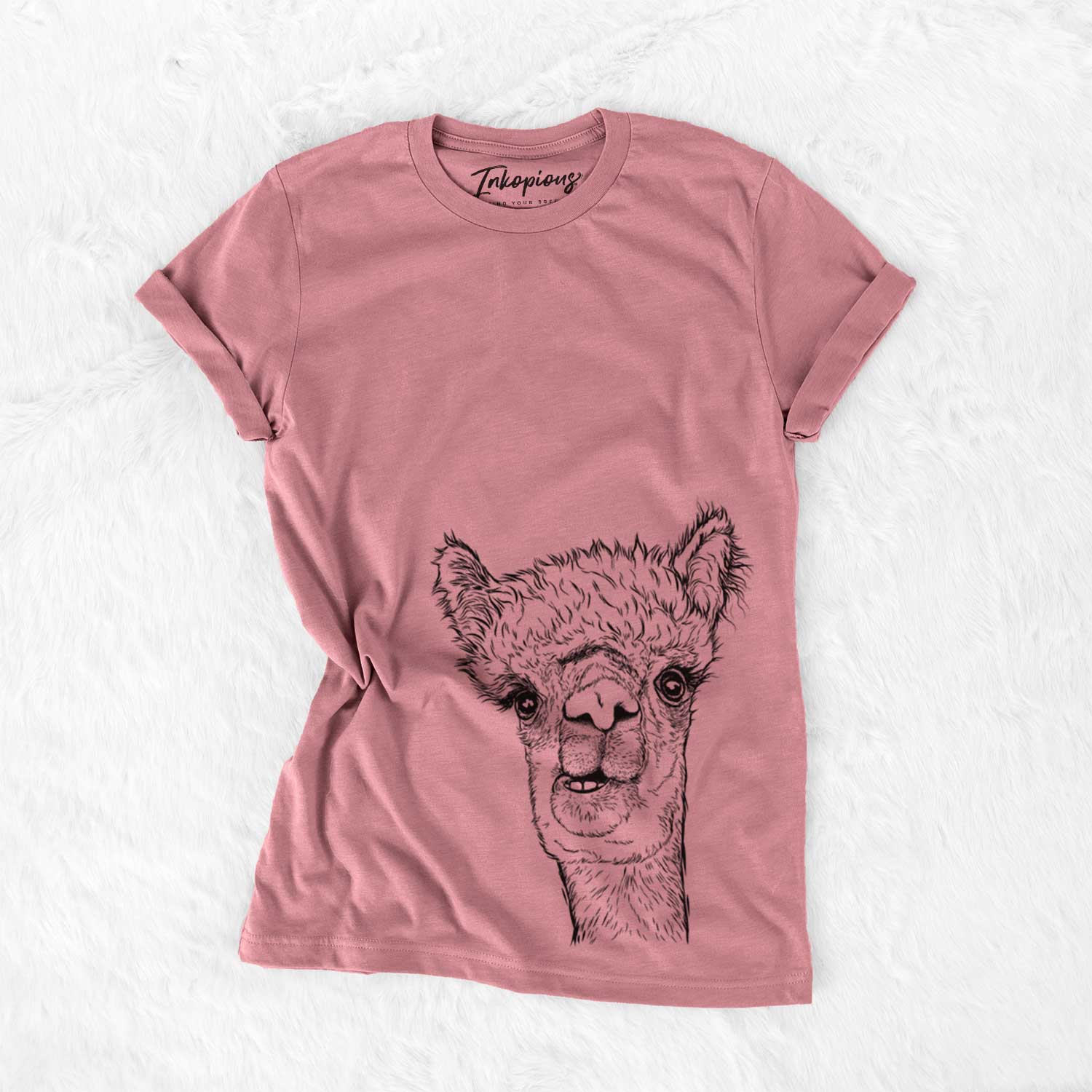Hand-drawn sketch of Henry the Alpaca on a Mauve Bella Canvas Unisex Crewneck