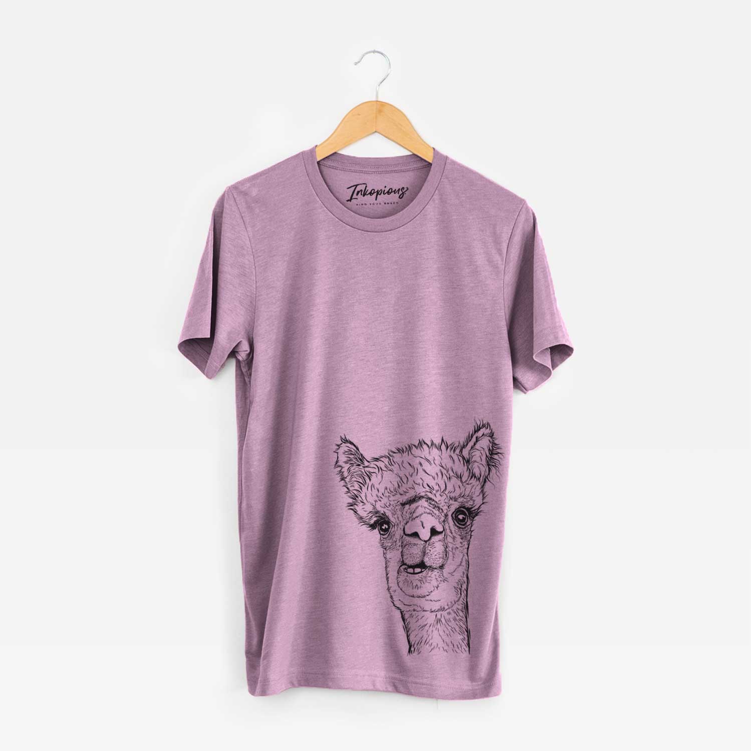 Hand-drawn sketch of Henry the Alpaca on an Orchid Bella Canvas Unisex Crewneck