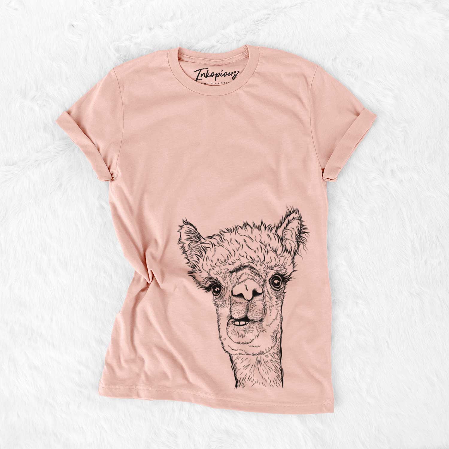 Hand-drawn sketch of Henry the Alpaca on a Peach Bella Canvas Unisex Crewneck