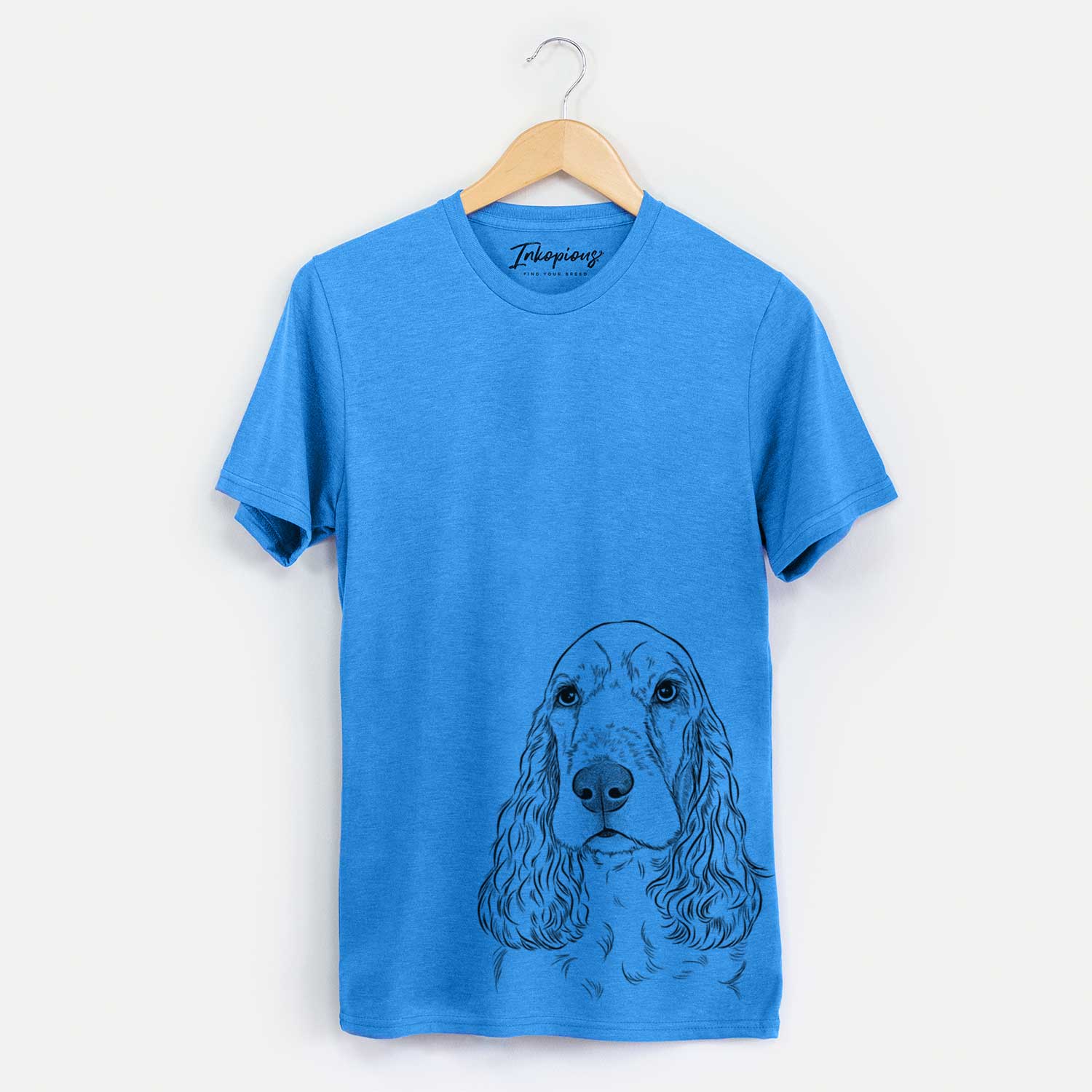 Hand-drawn sketch of Henry the English Cocker Spaniel on a Blue Unisex crewneck
