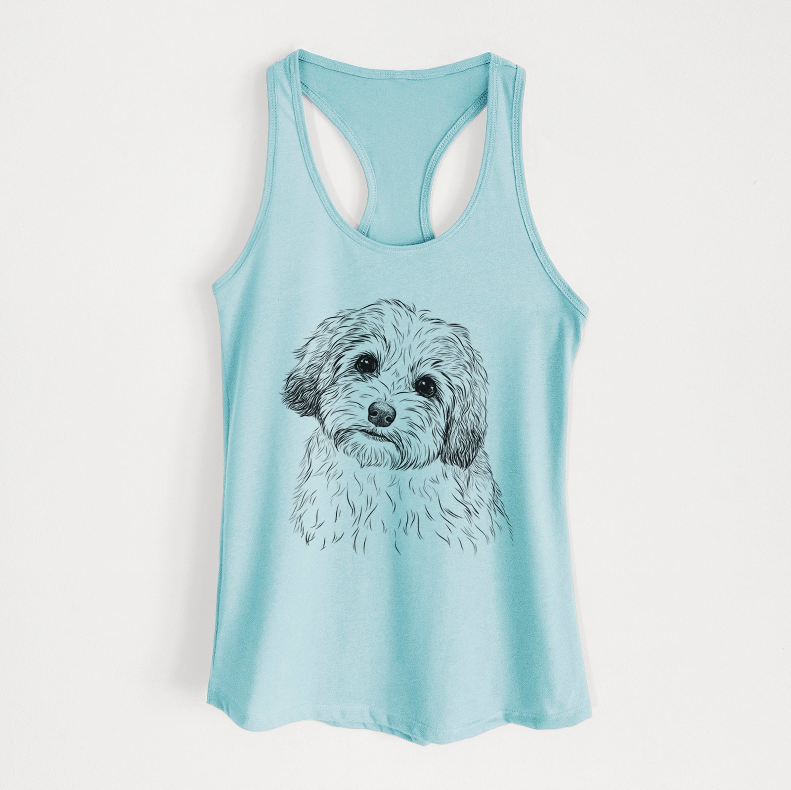 Hand-drawn sketch of Henry the Havanese on a Cancun Blue Women's racerback tanktop