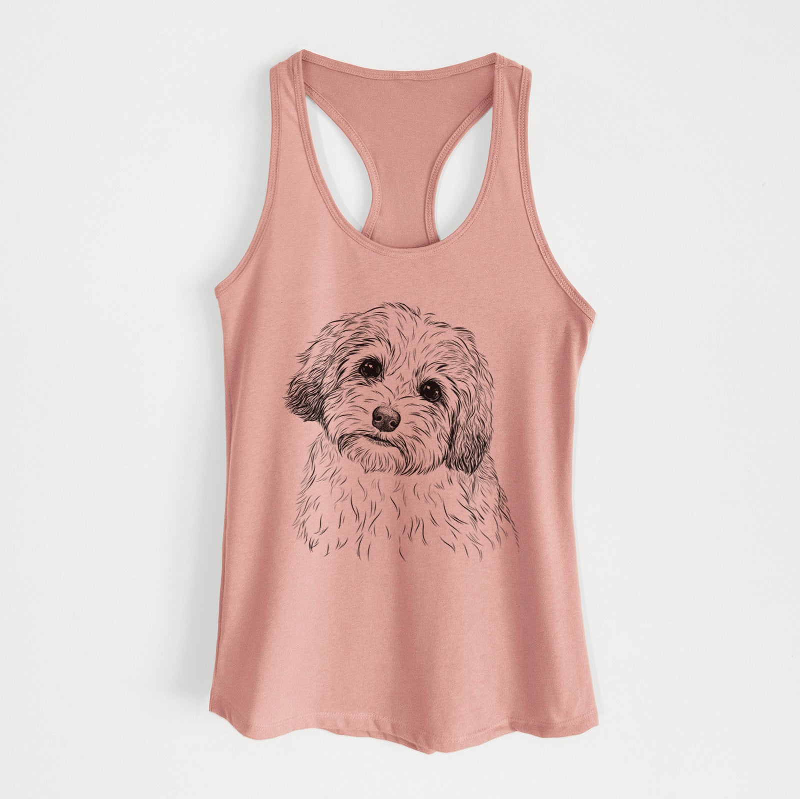 Hand-drawn sketch of Henry the Havanese on a Desert Pink Women's racerback tanktop