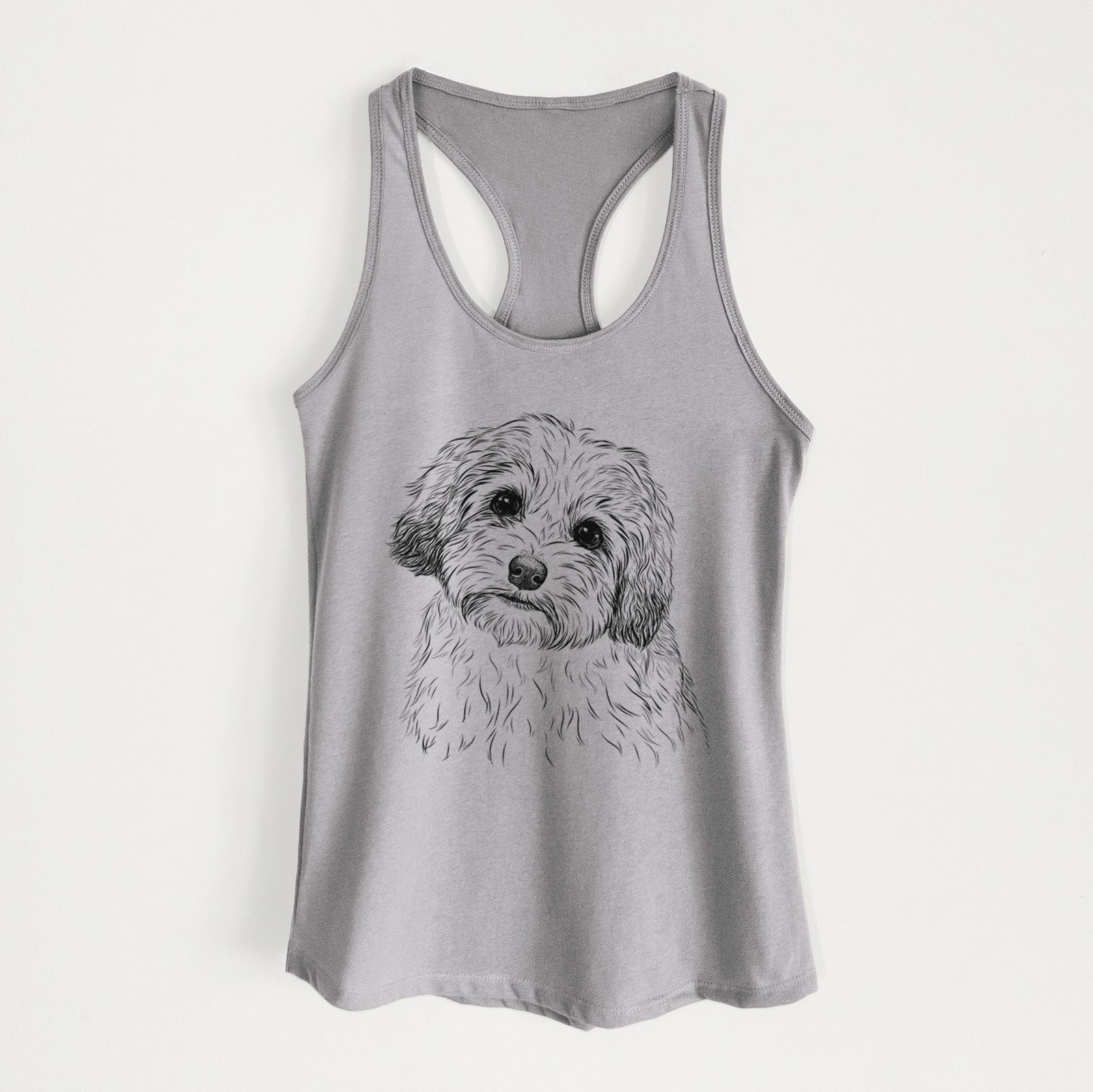 Hand-drawn sketch of Henry the Havanese on a Heather Grey Women's racerback tanktop