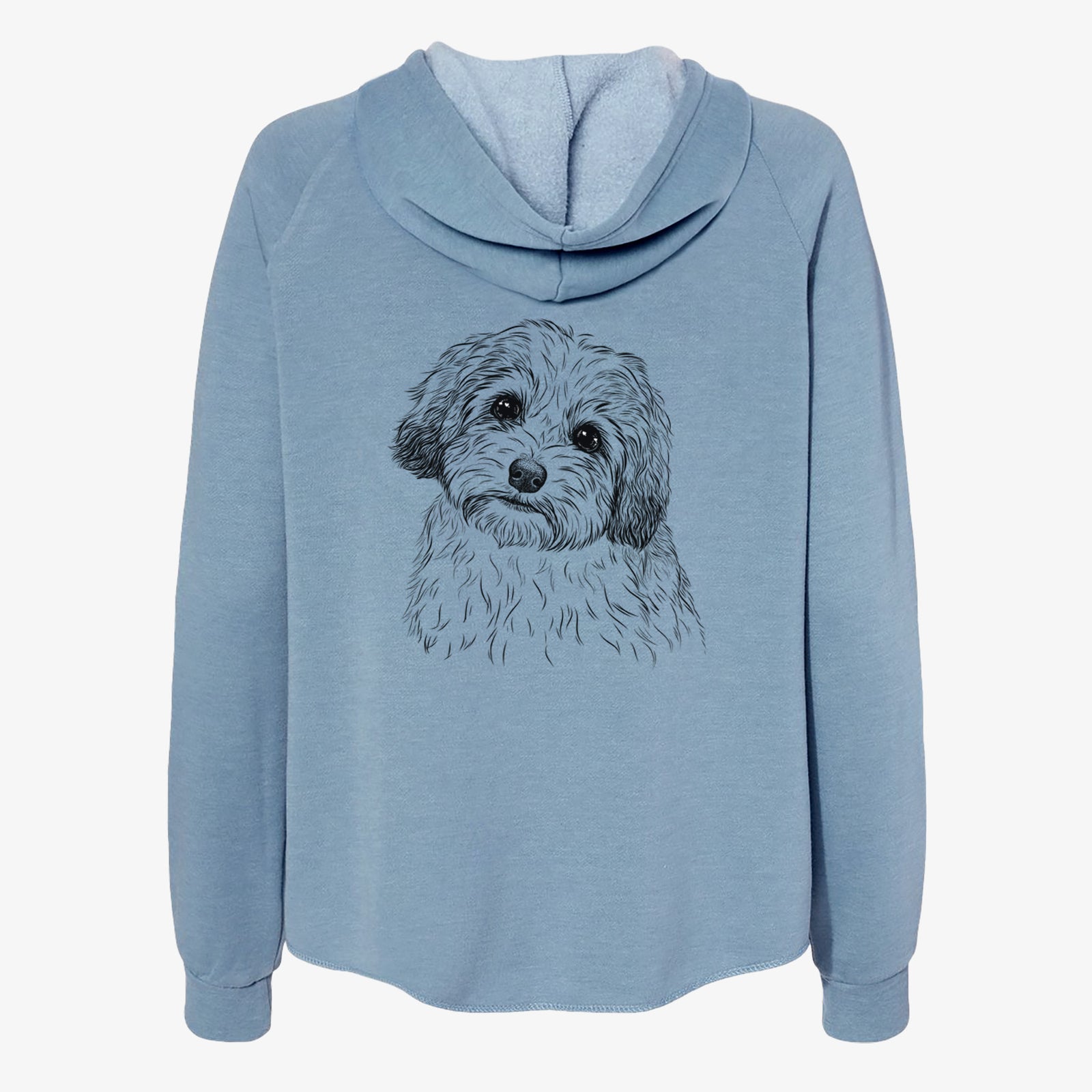 Hand-drawn sketch of Henry the Havanese on a Misty Blue Women's cali wave zip-up sweatshirt