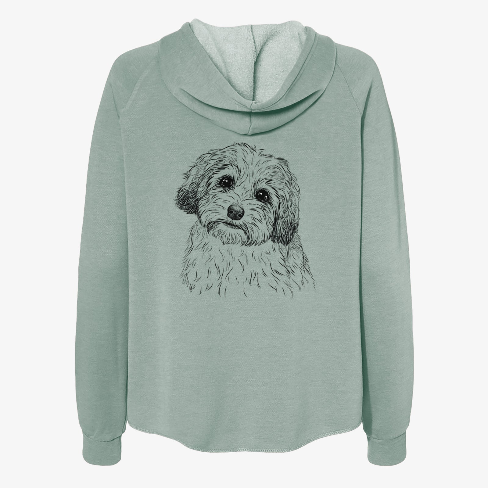 Hand-drawn sketch of Henry the Havanese on a Sage Women's cali wave zip-up sweatshirt