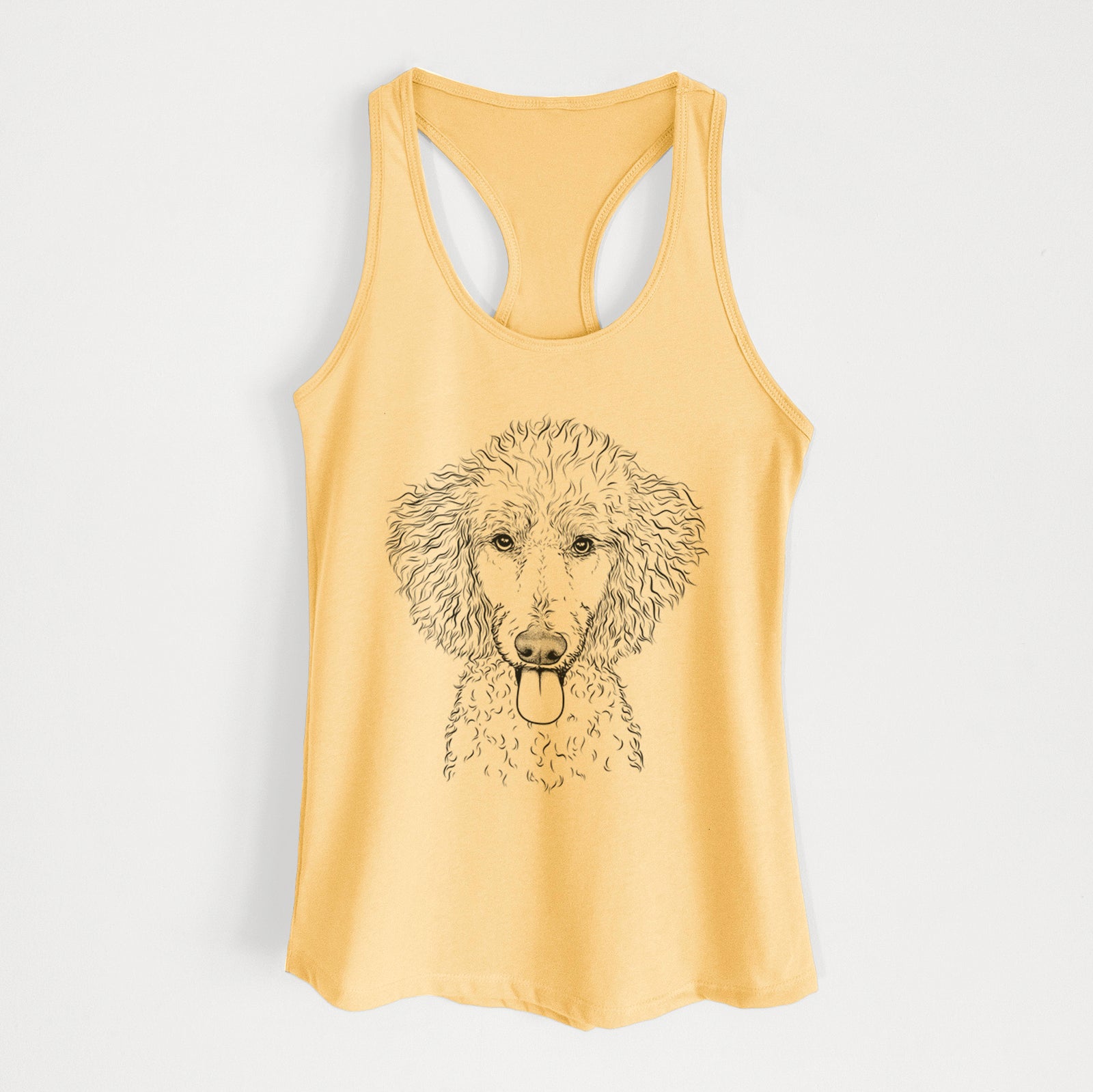Hand-drawn sketch of Henry the White Standard Poodle on a Banana Cream Women's racerback tanktop