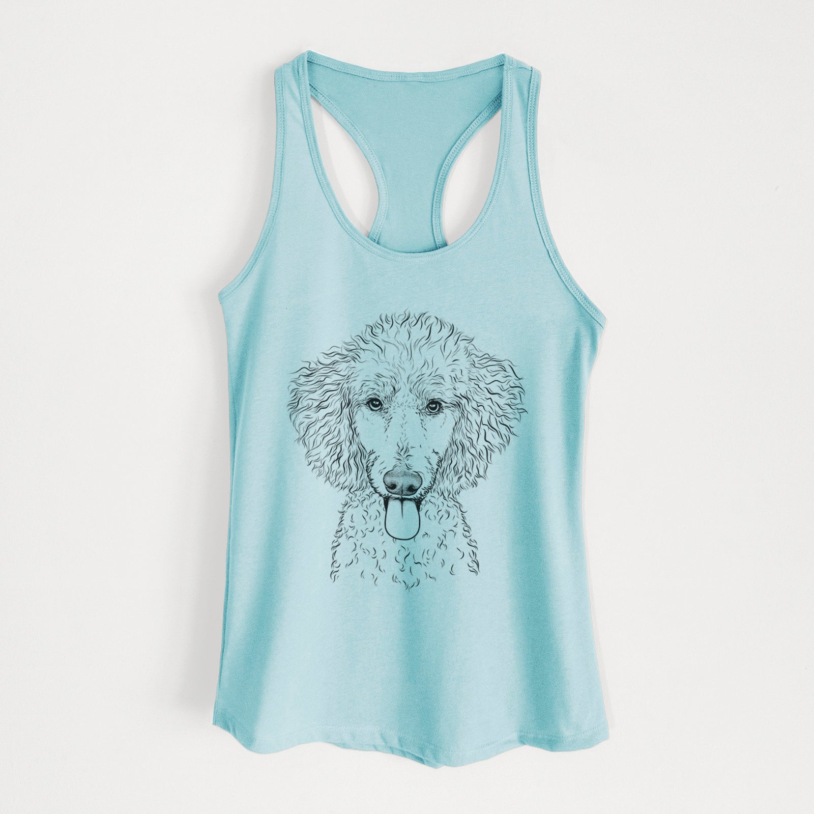 Hand-drawn sketch of Henry the White Standard Poodle on a Cancun Blue Women's racerback tanktop