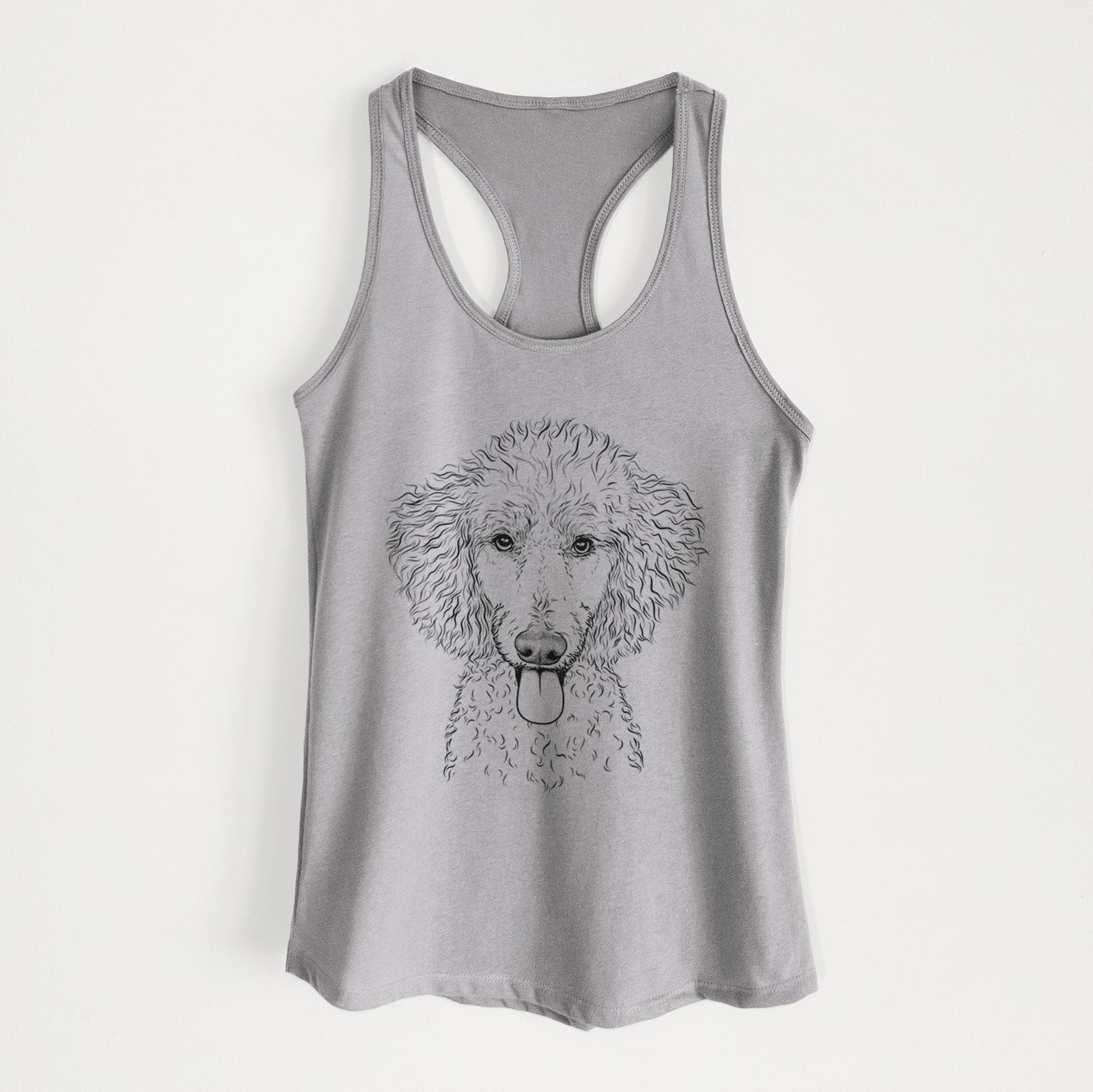 Hand-drawn sketch of Henry the White Standard Poodle on a Heather Grey Women's racerback tanktop