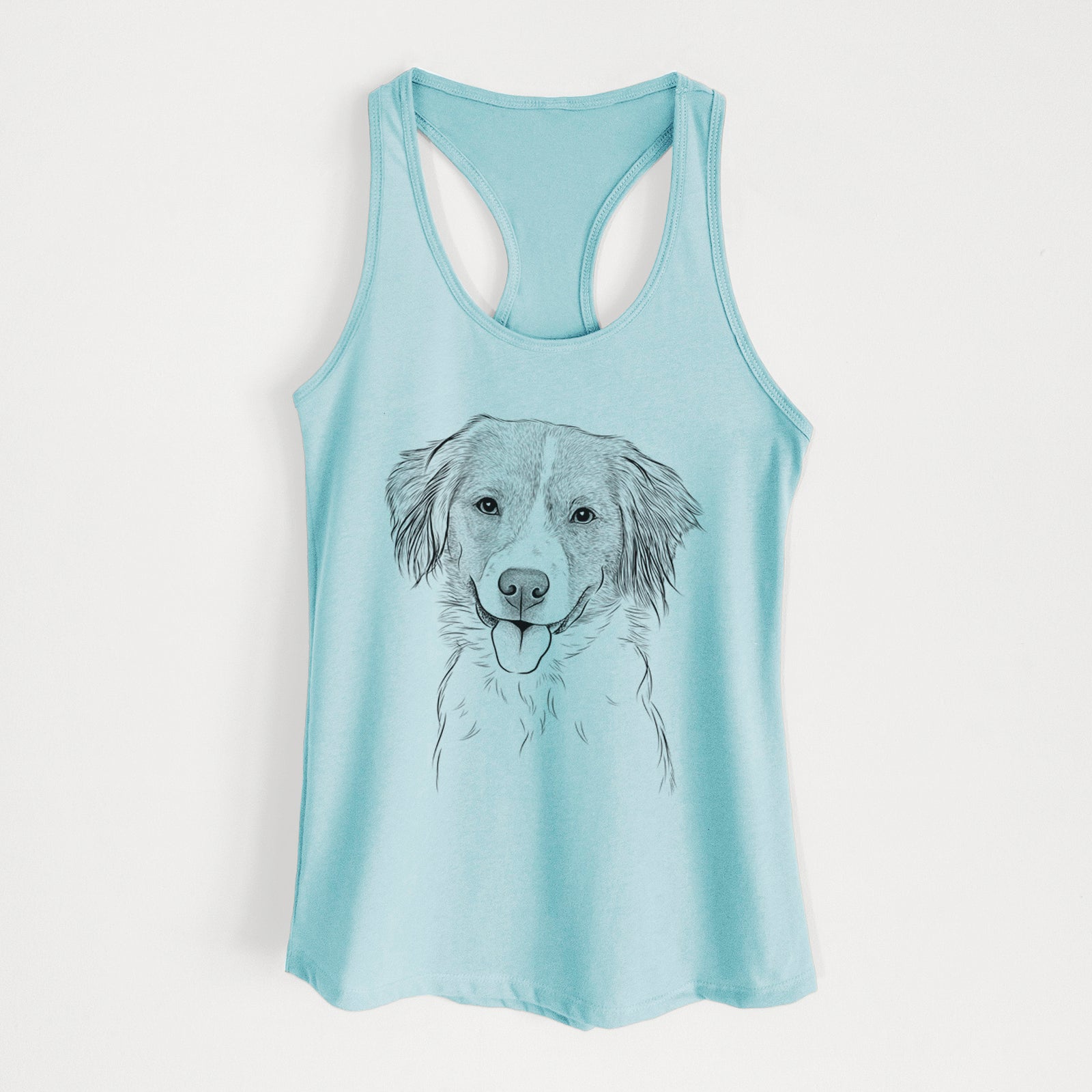 Hand-drawn sketch of Hercules the Nederlandse Kooikerhondje on a Cancun Blue Women's racerback tanktop