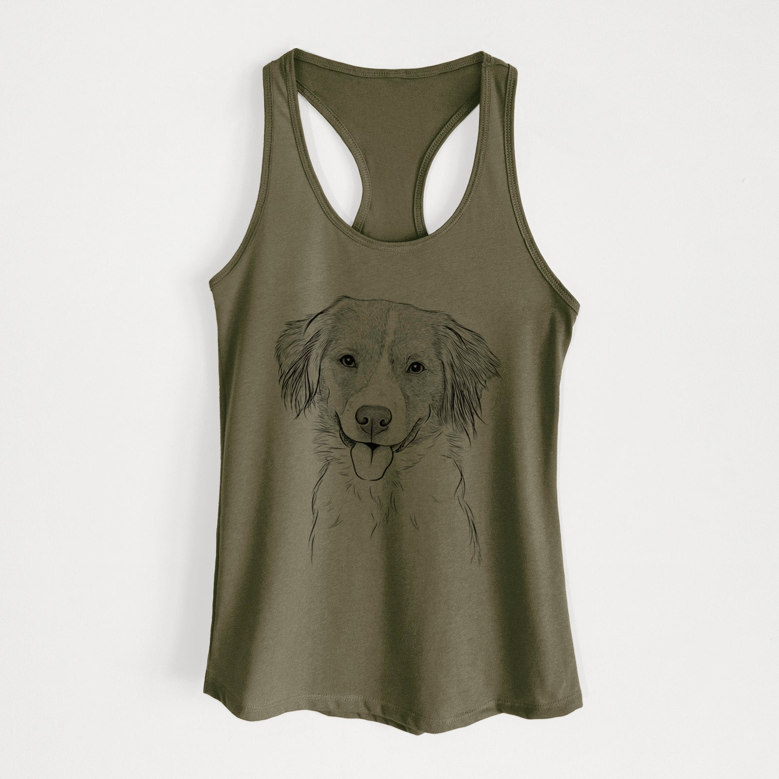 Hand-drawn sketch of Hercules the Nederlandse Kooikerhondje on a Military Green Women's racerback tanktop