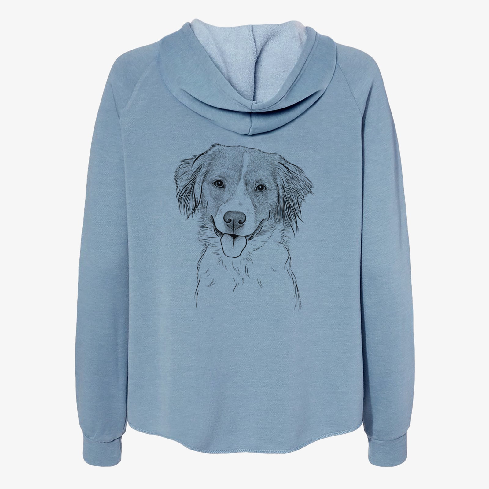 Hand-drawn sketch of Hercules the Nederlandse Kooikerhondje on a Misty Blue Women's cali wave zip-up sweatshirt