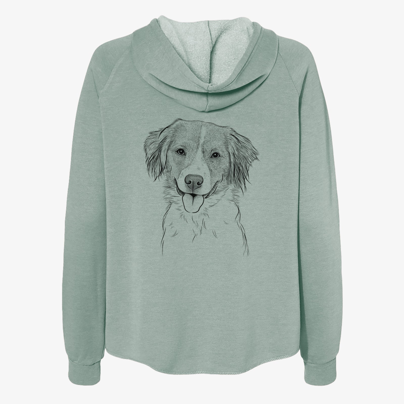 Hand-drawn sketch of Hercules the Nederlandse Kooikerhondje on a Sage Women's cali wave zip-up sweatshirt