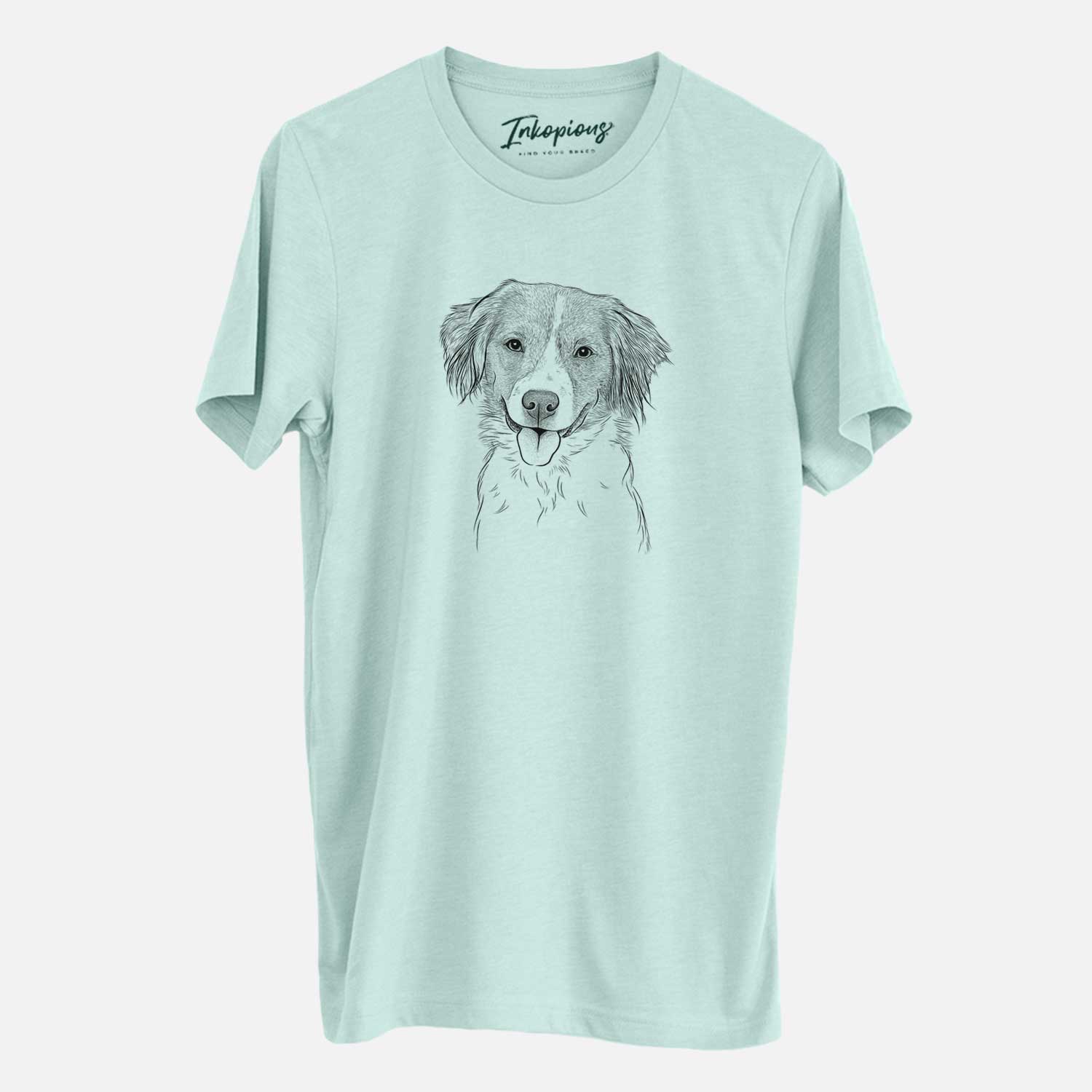Hand-drawn sketch of Hercules the Nederlandse Kooikerhondje on a Heather Sage Unisex crewneck